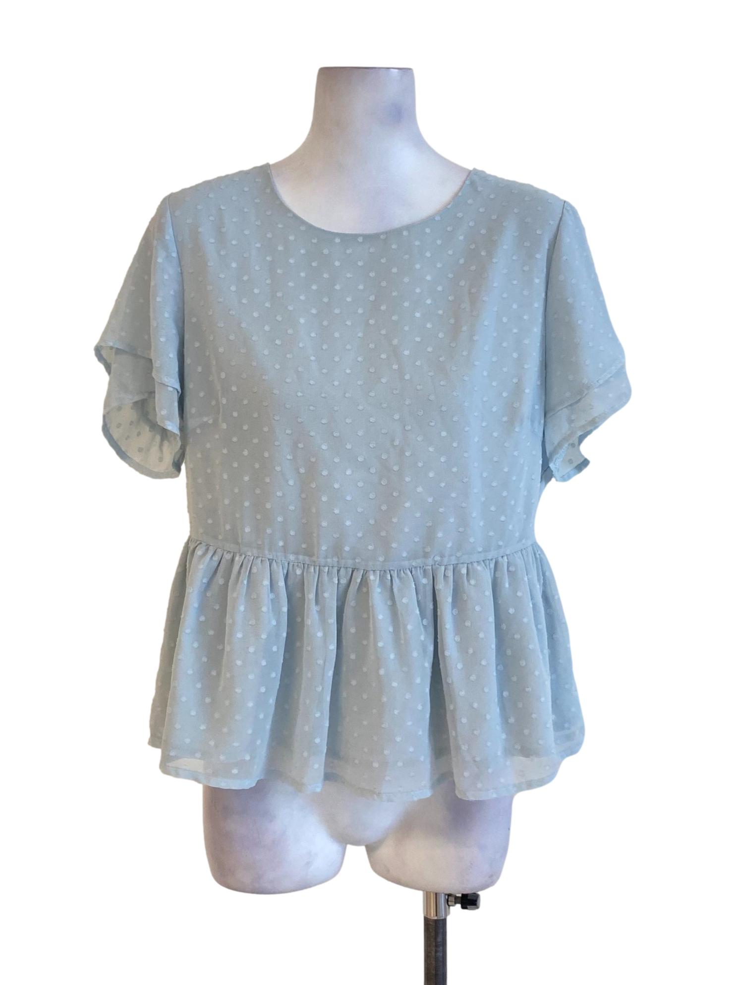 Light Pastel Blue Polkadot Embroidered Peplum Top