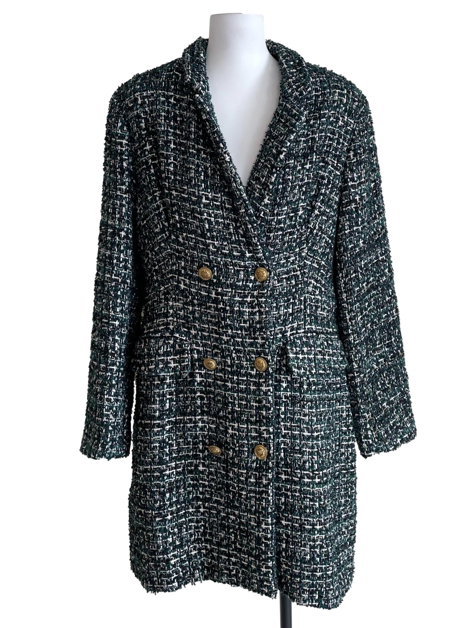 Pine Green Tweed Double Breasted Long Blazer