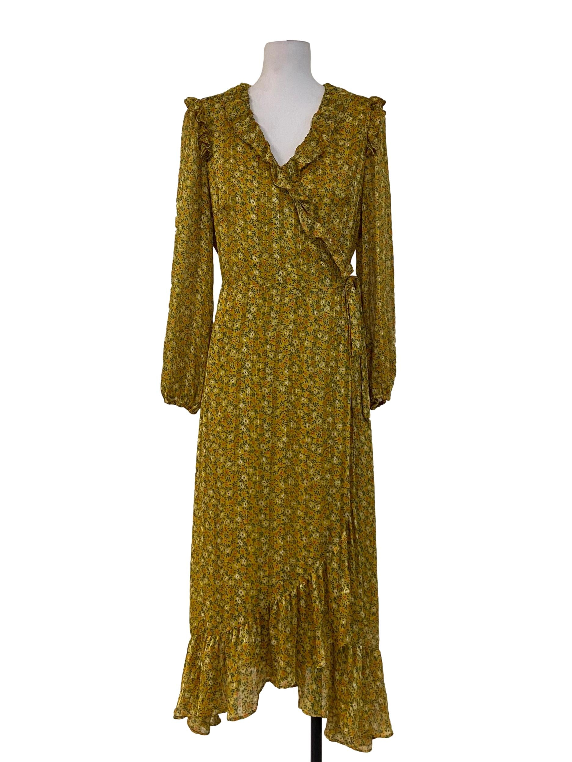 Corn Yellow Floral Ruffled Wrap Dress