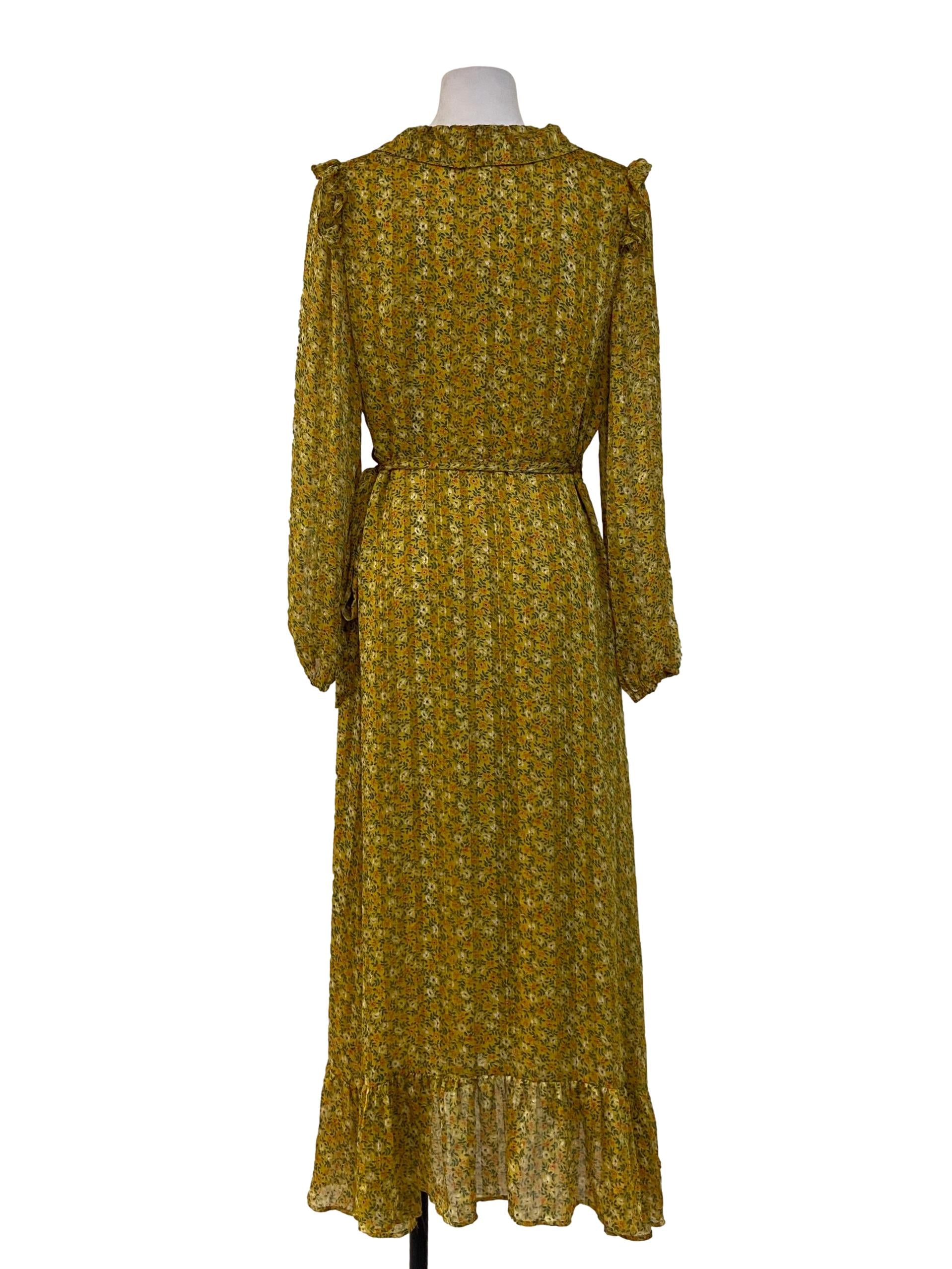 Corn Yellow Floral Ruffled Wrap Dress