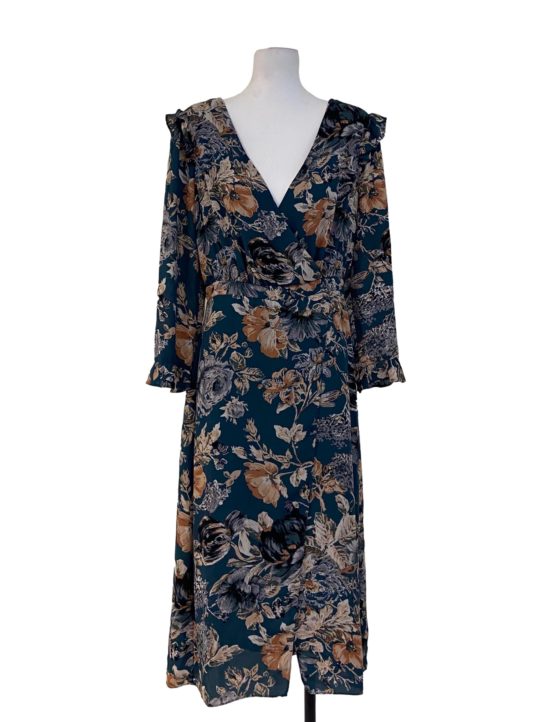 Aegean Blue Floral V-Neck Slit Dress