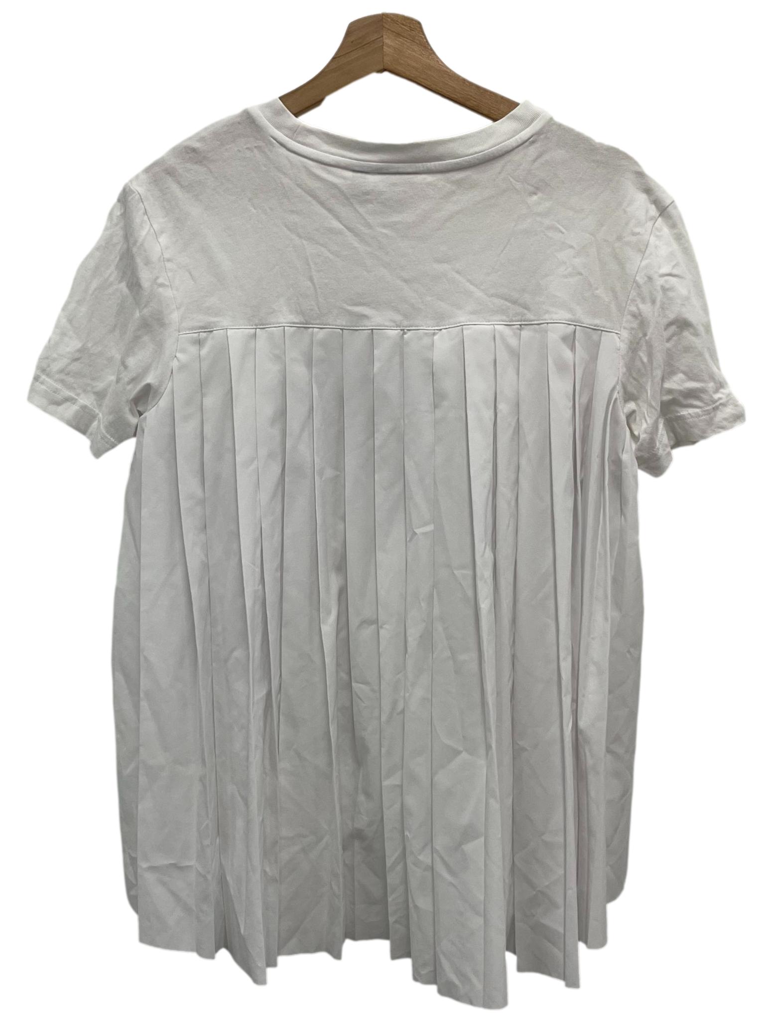 White Roundneck Logo Pleated Top