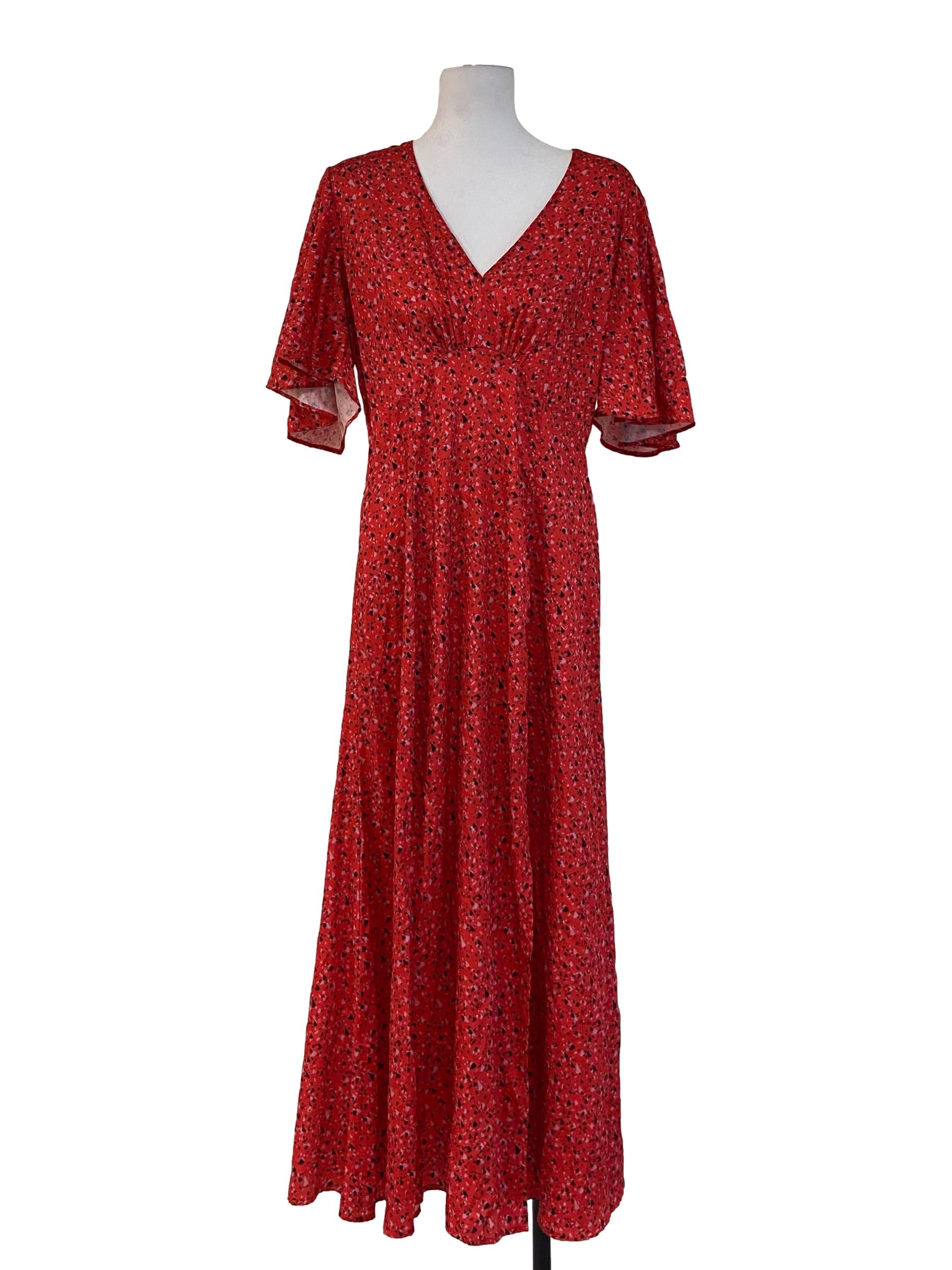Bright Red Prints V-Neck Slit Empire Dress