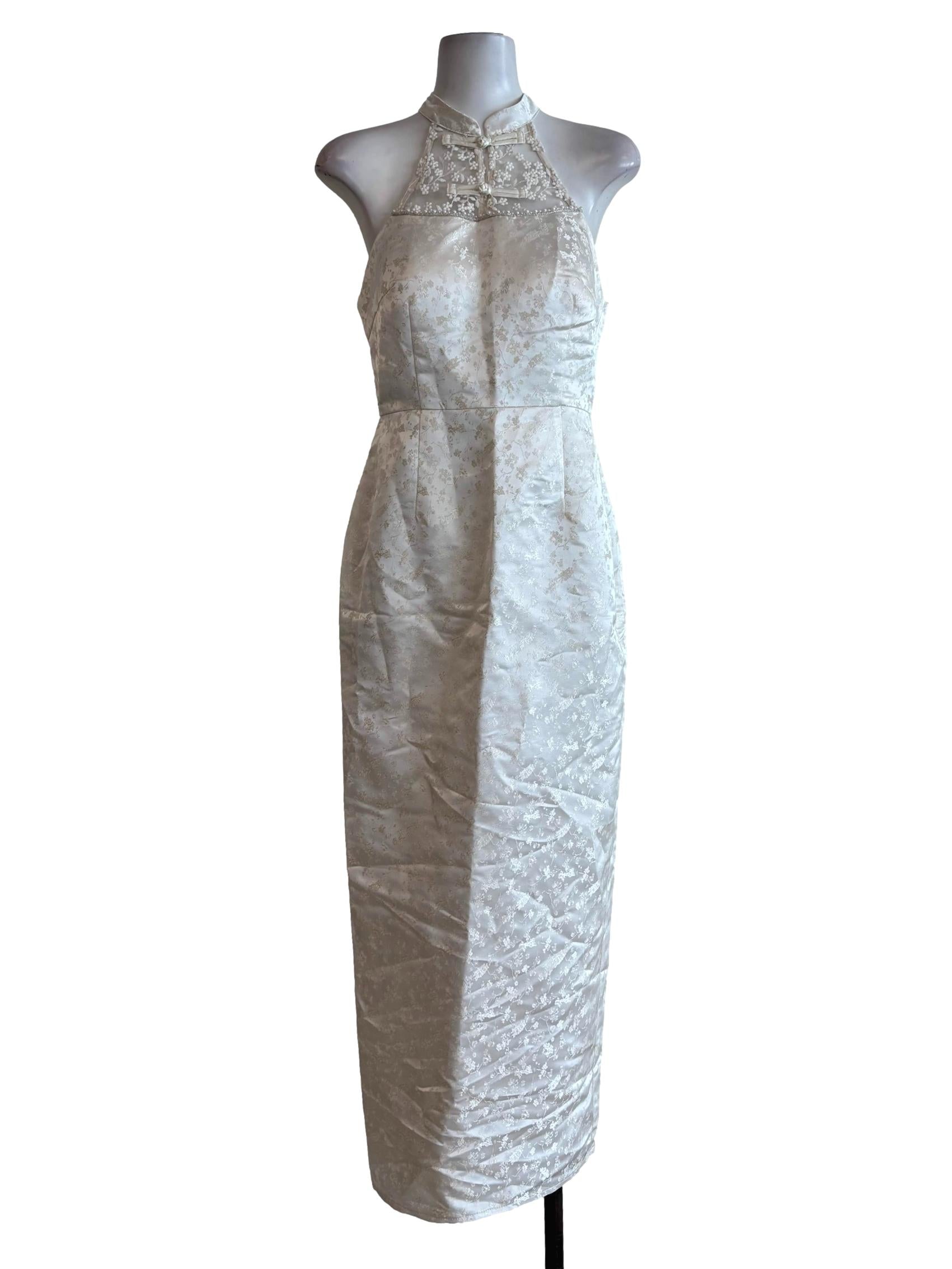 Pearl White Floral Lace Neckline Cheongsam Dress