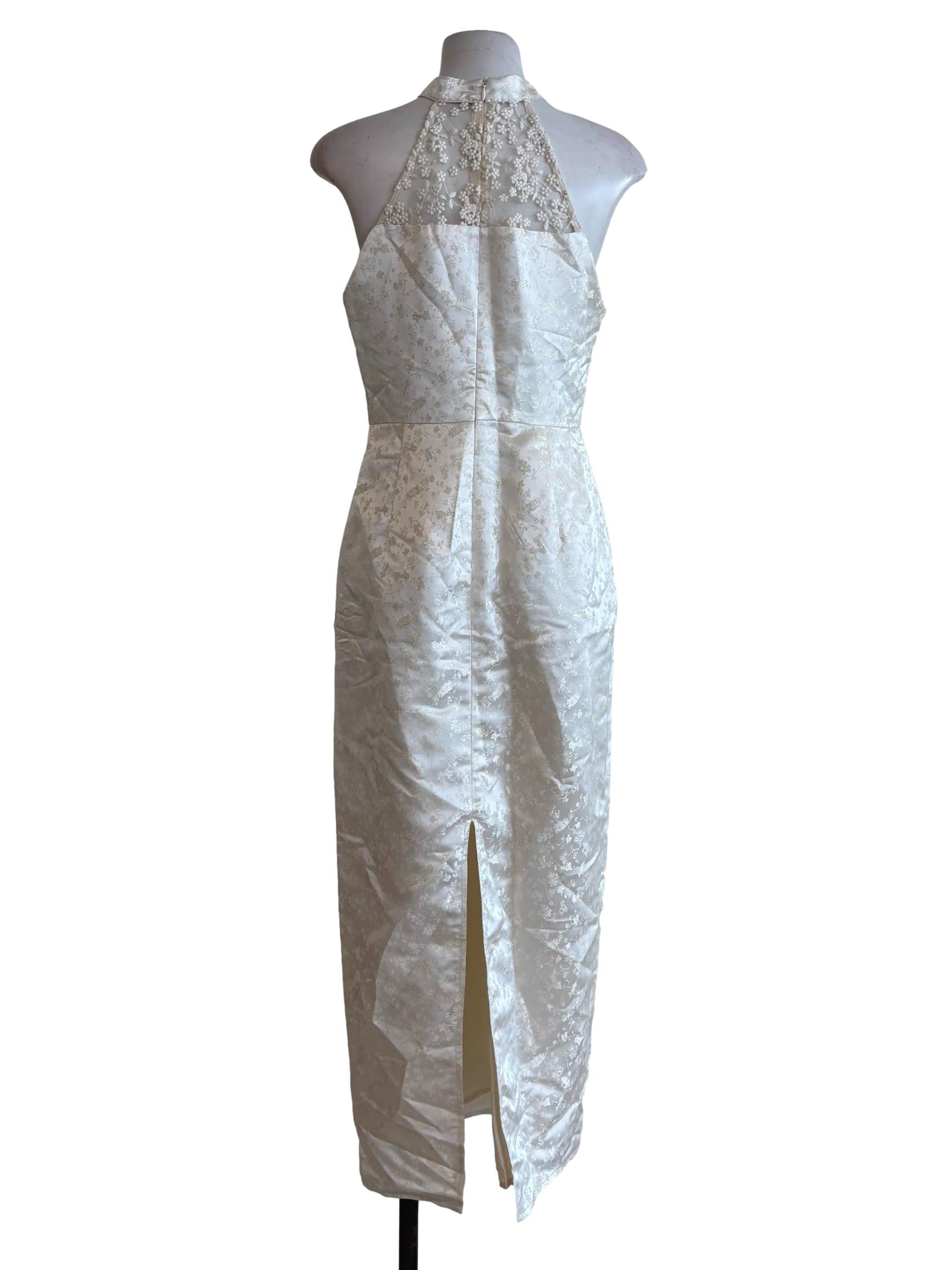 Pearl White Floral Lace Neckline Cheongsam Dress