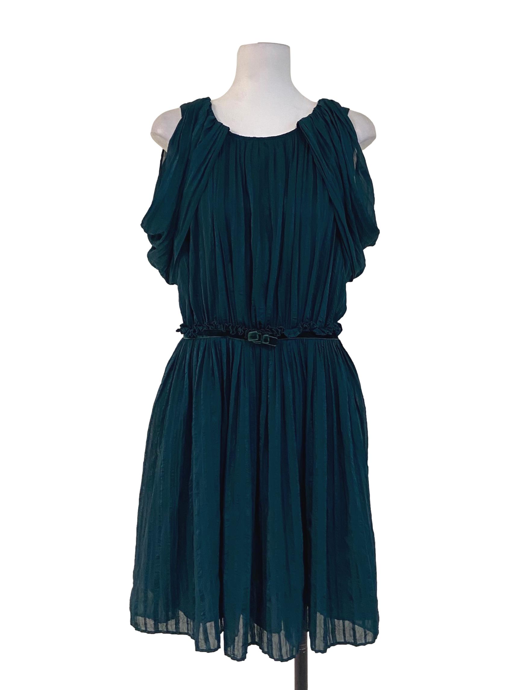 Emerald Green Pleated Sleeveless Dress