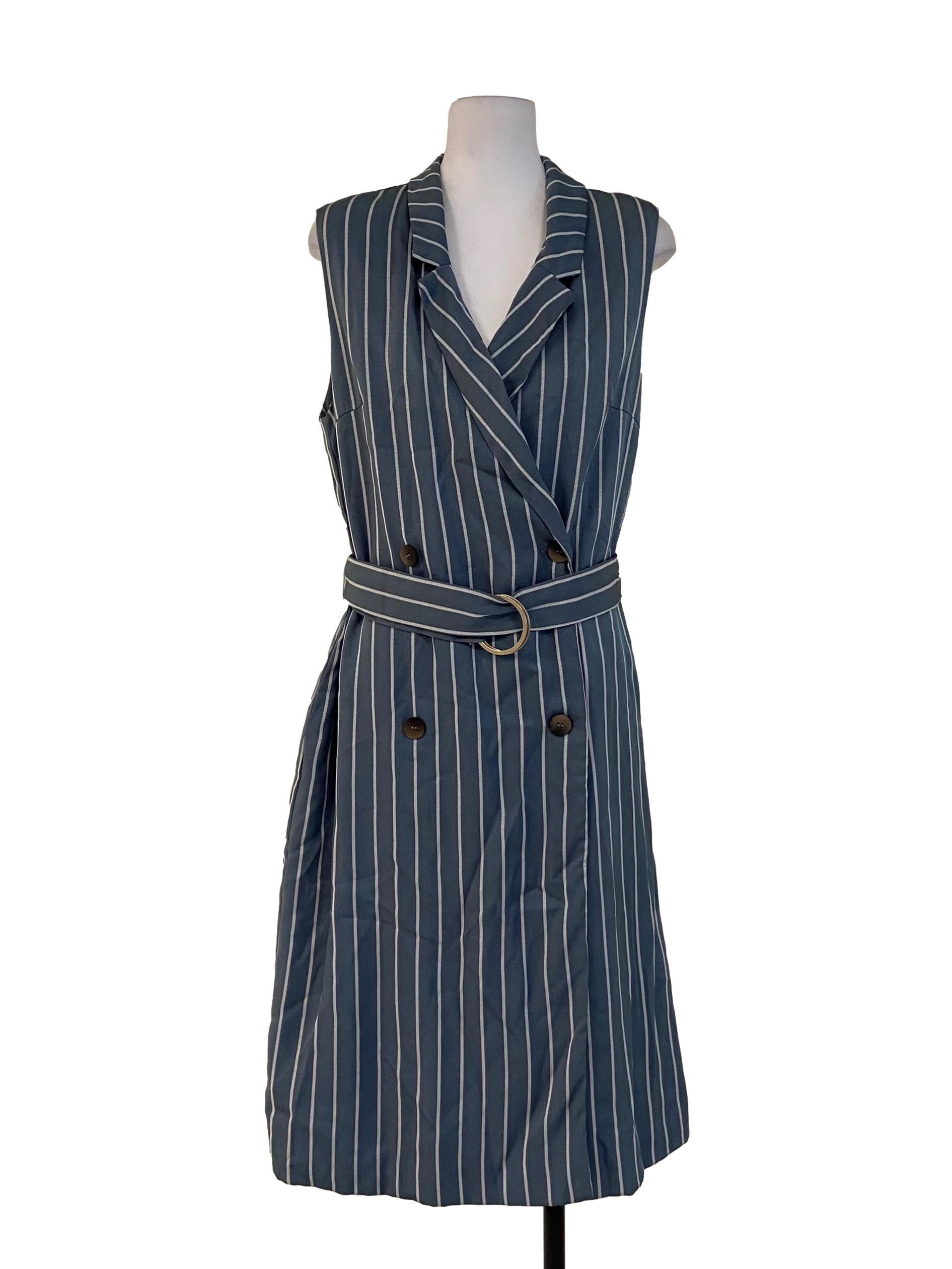 Stone Blue & White Stripe Sleeveless Shift Dress