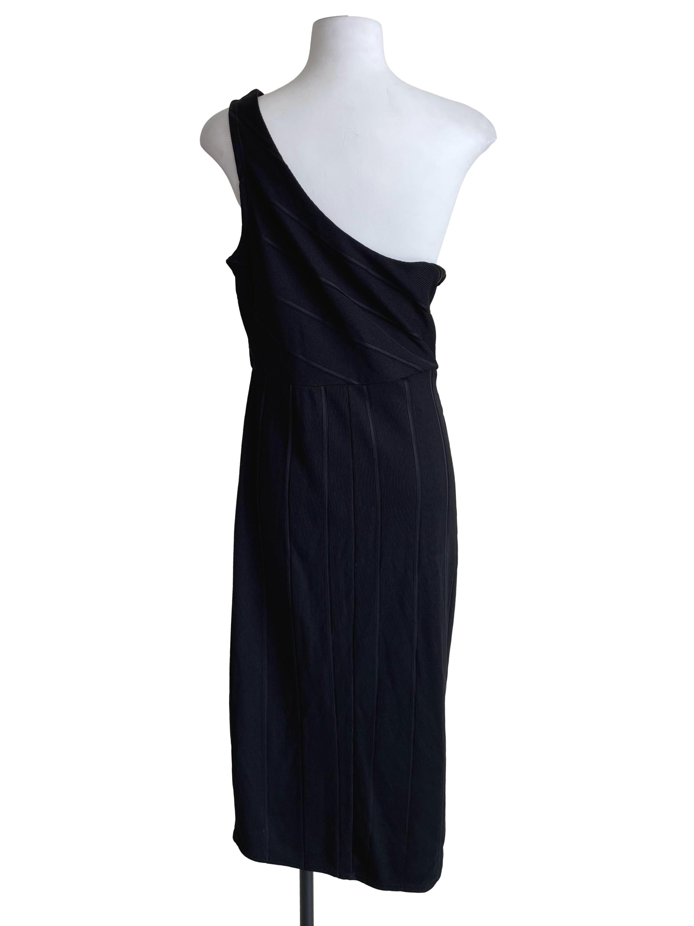 Black Ribbed Asymmetric Slit Dress