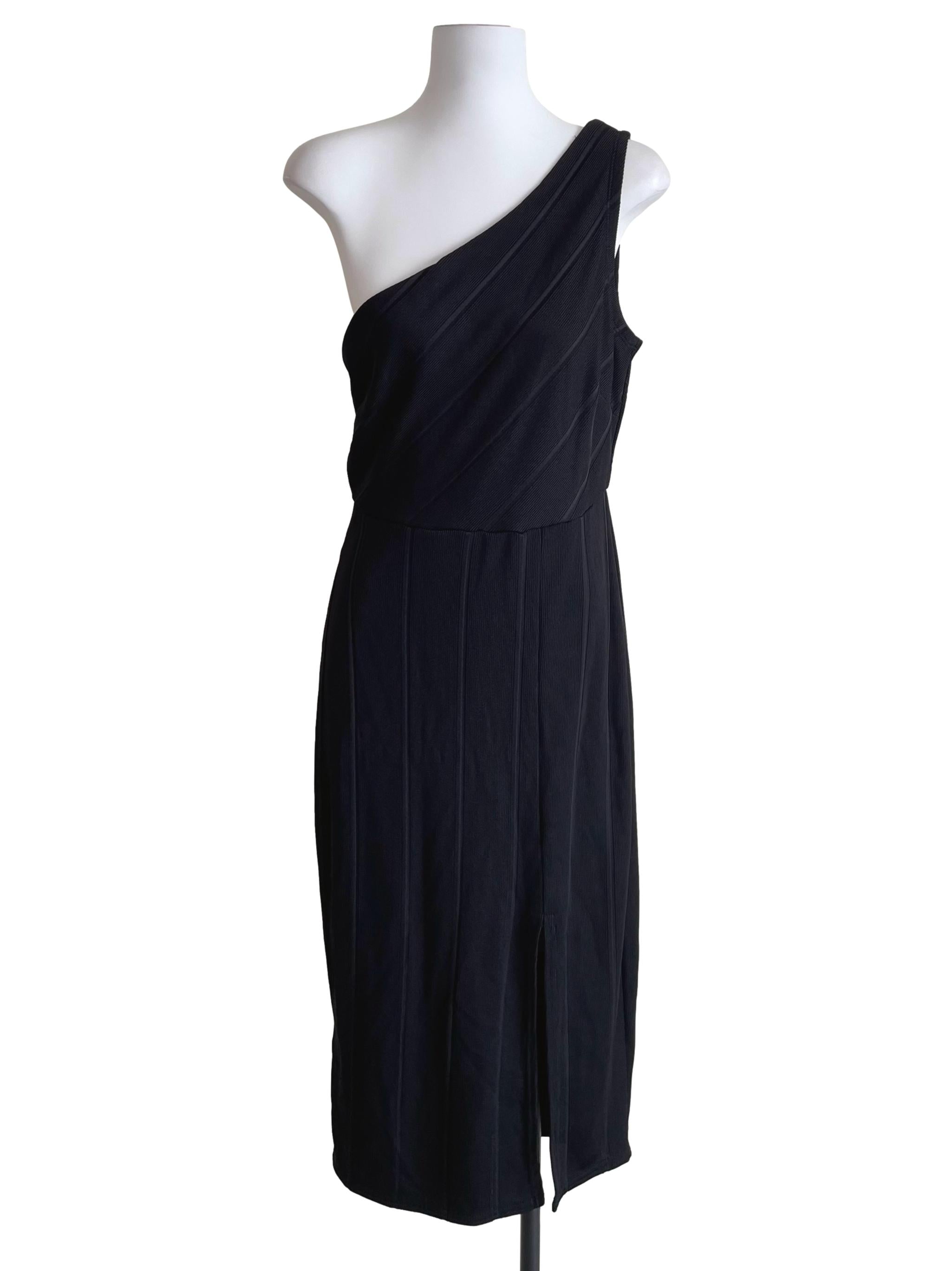 Black Ribbed Asymmetric Slit Dress