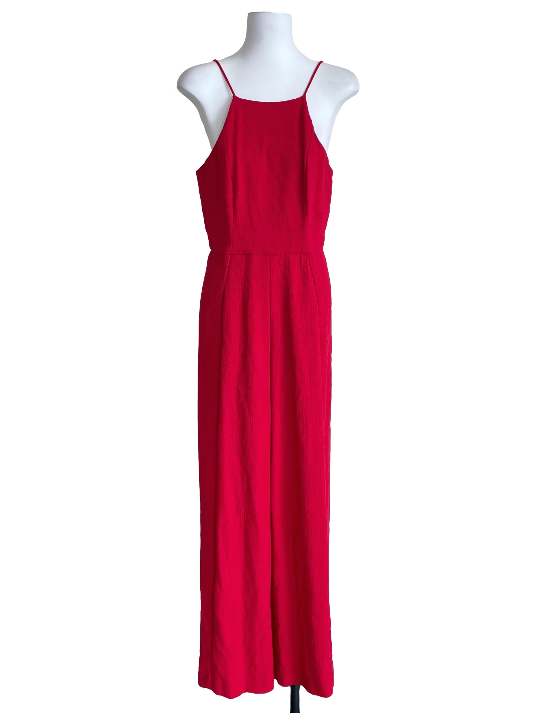 Red Halter Neck Textured Jumpsuit