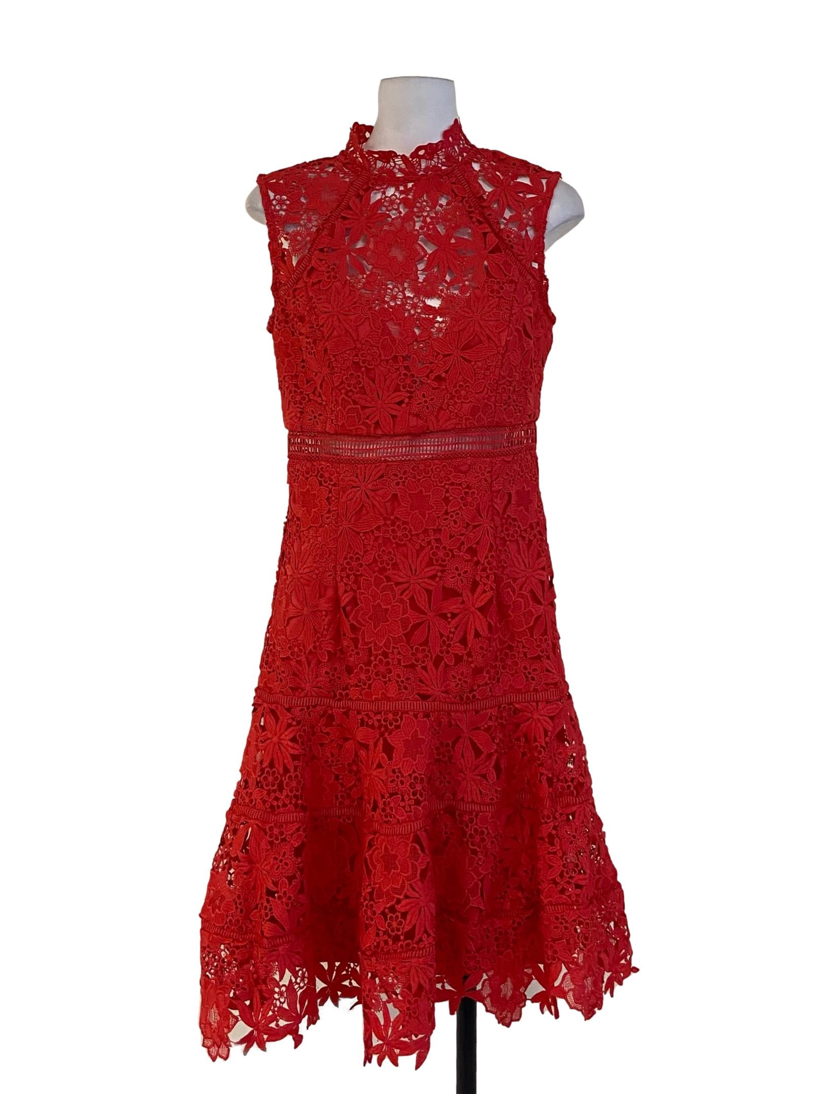 Bright Red Floral Lace Apron Dress