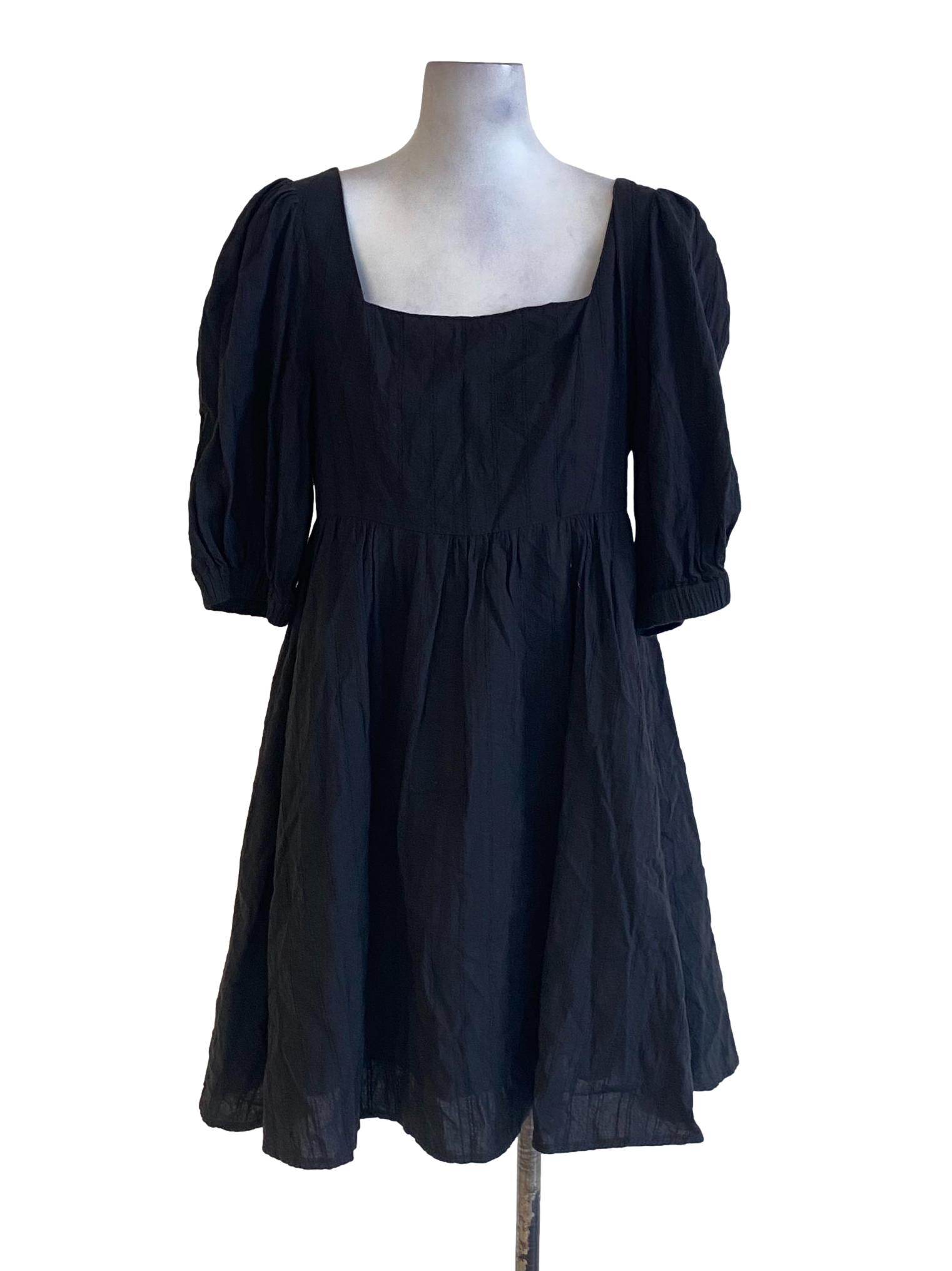 Jet Black Square Neck Peasant Empire A-Line Dress