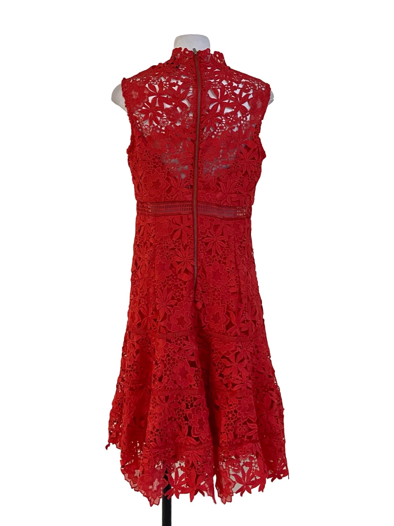 Bright Red Floral Lace Apron Dress
