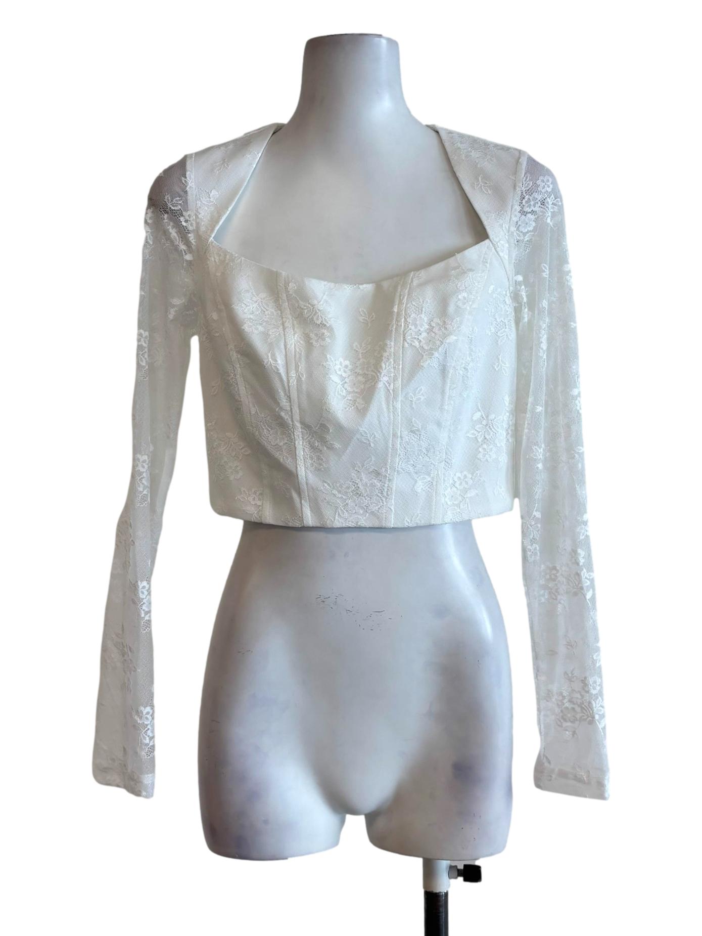Powder White Sheer Sleeve Lace Crop Top
