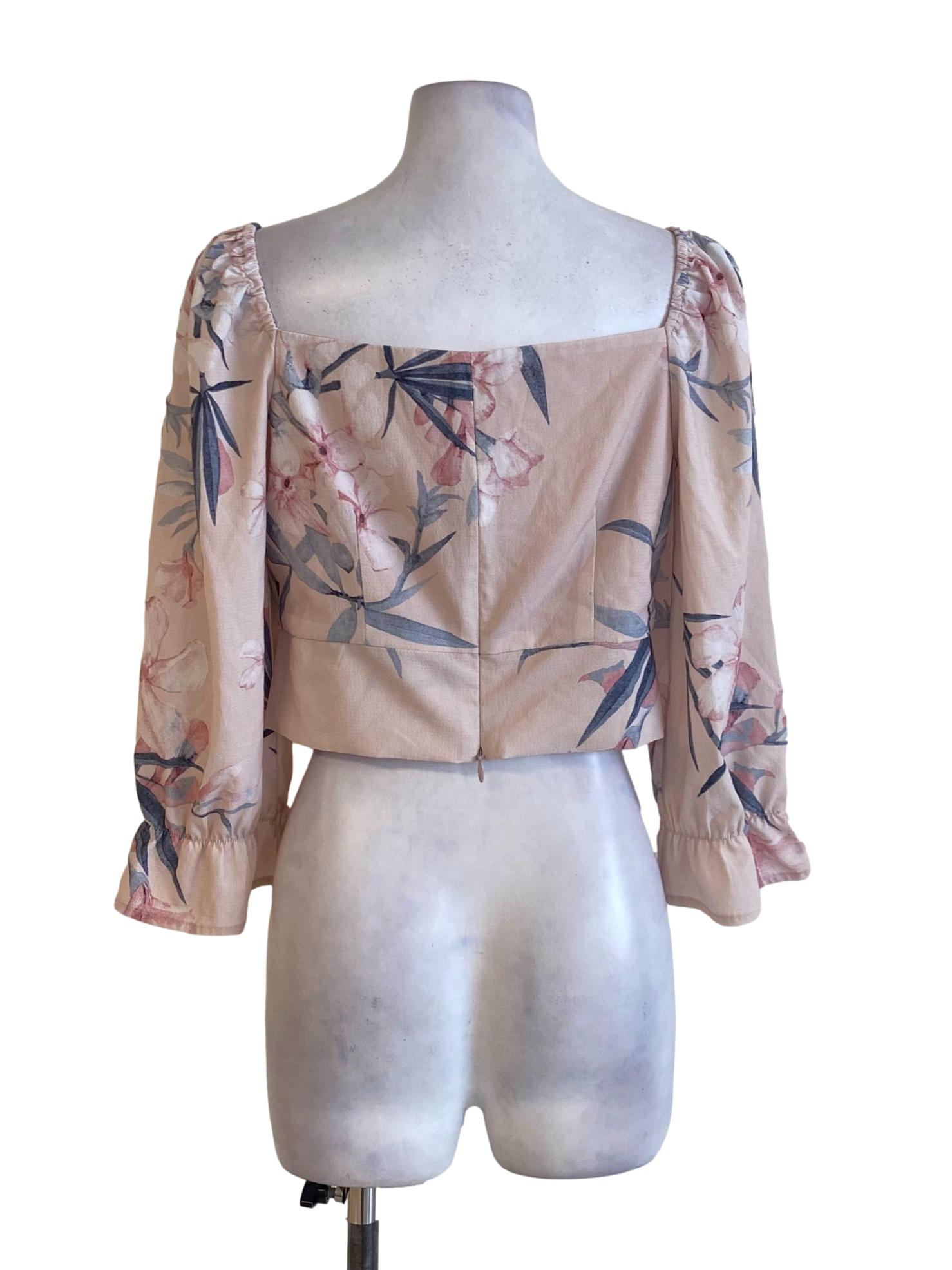 Lemonade Pink Floral Summer Poet Buttoned Down Cropped Blouse