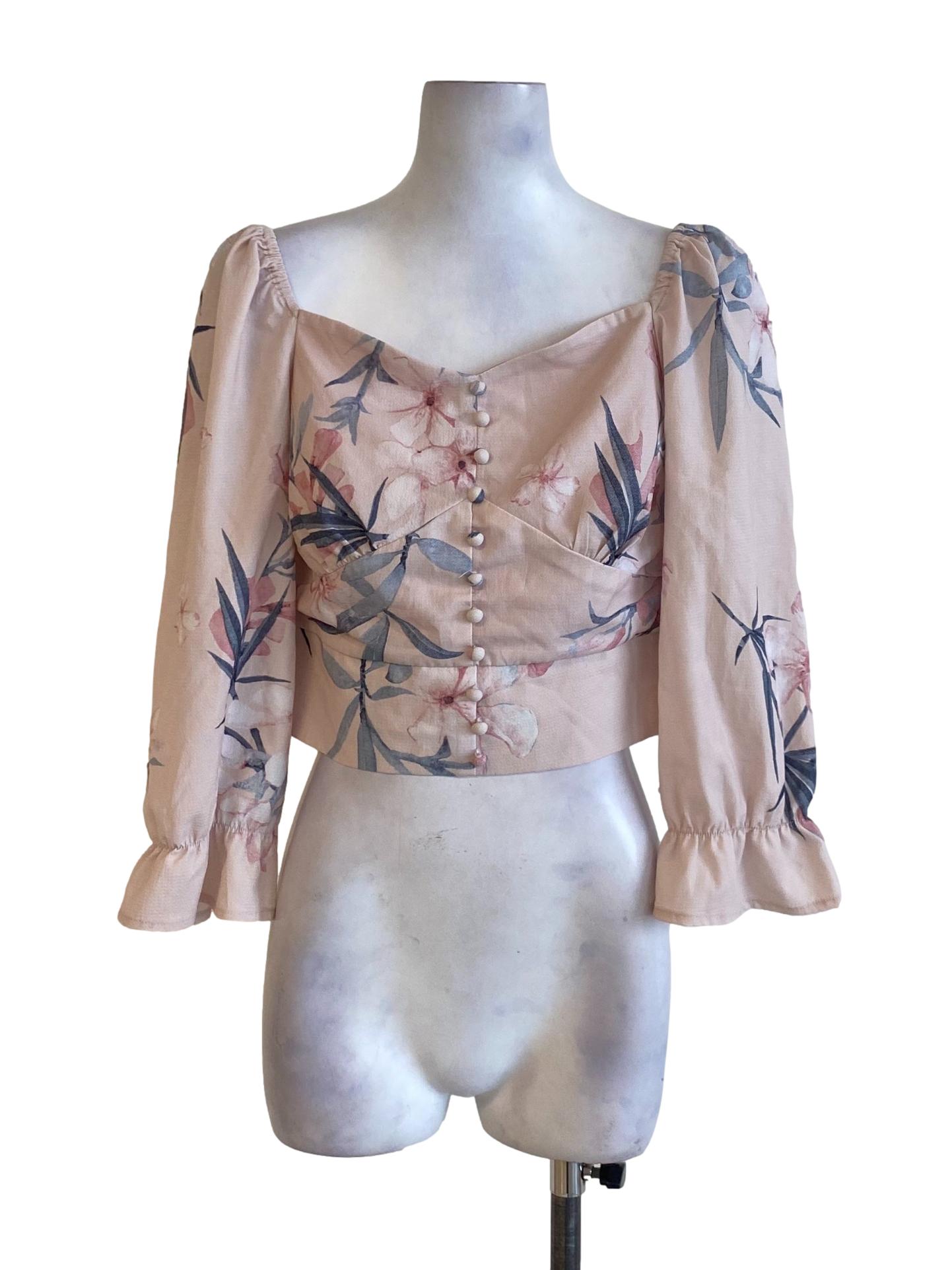 Lemonade Pink Floral Summer Poet Buttoned Down Cropped Blouse