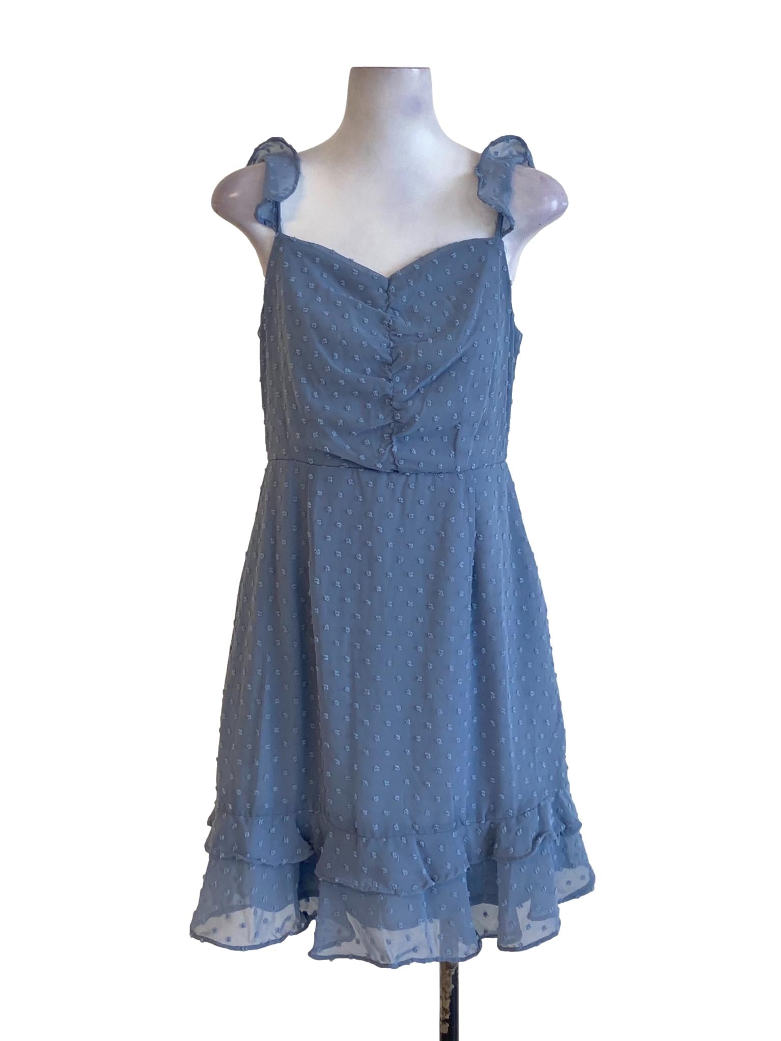 Ash Blue Polkadot Queen Anne Wrapped Bust Ruffle A-Line Dress