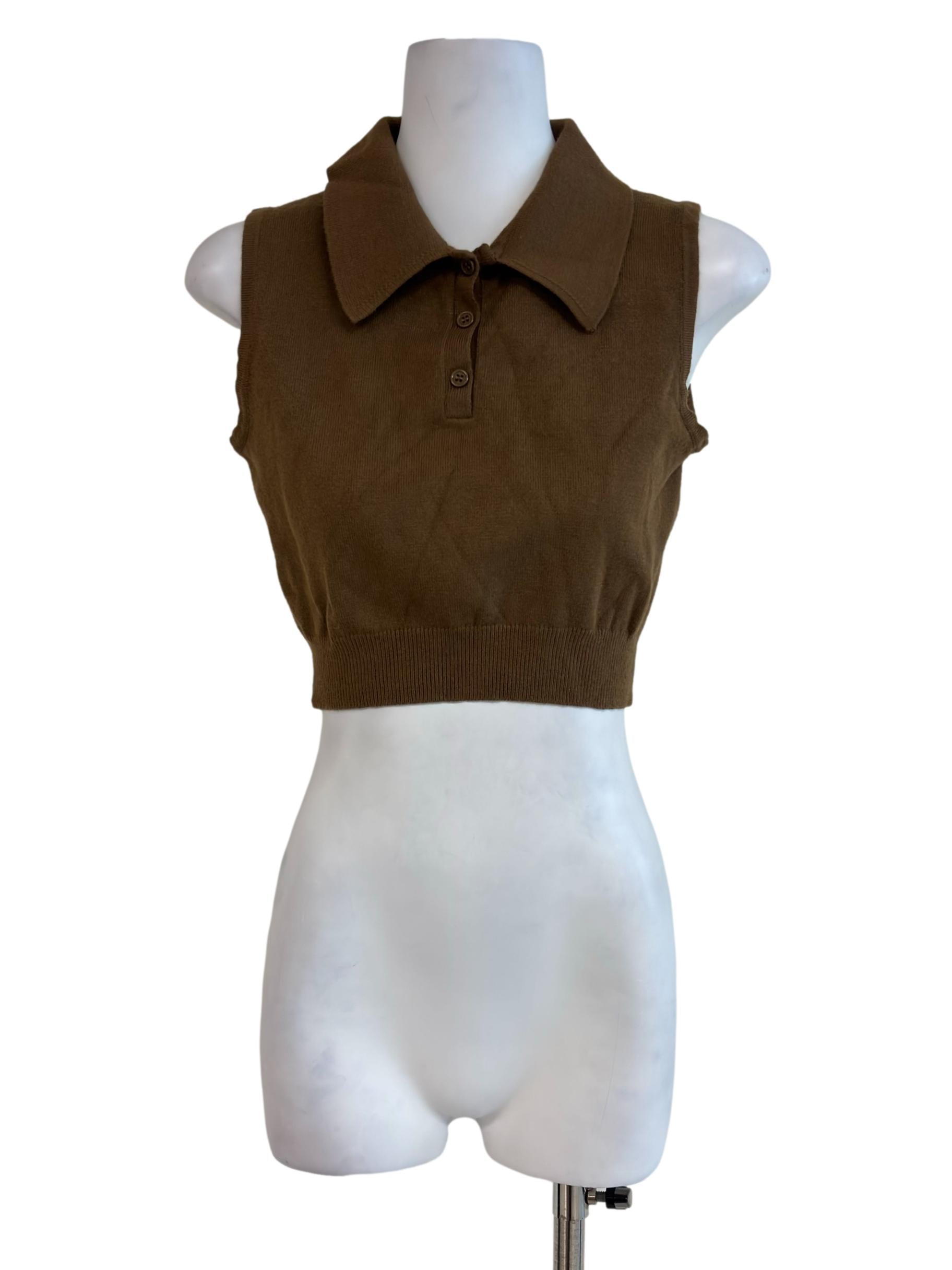 Carob Brown Collared Knit Vest Top
