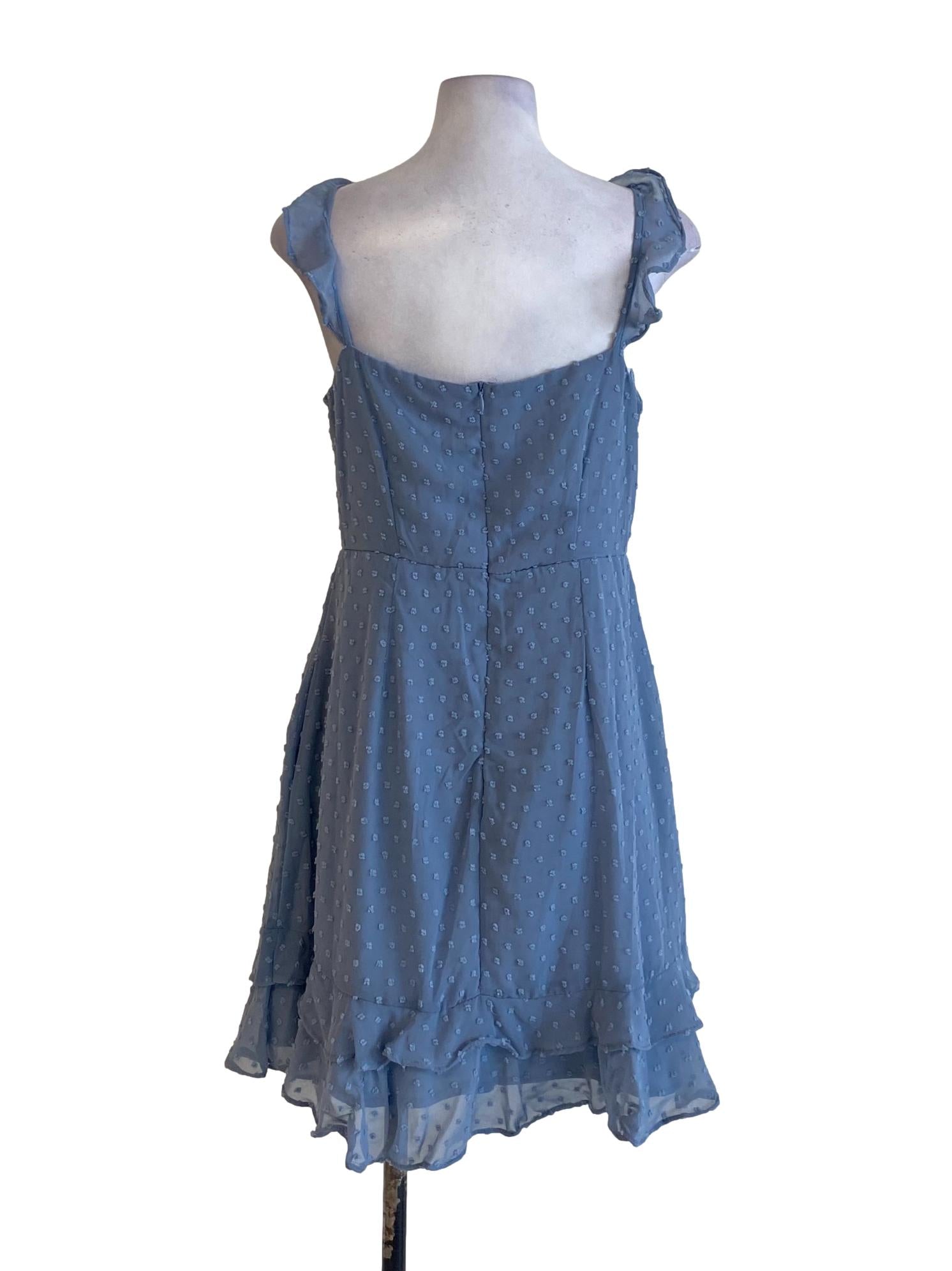 Ash Blue Polkadot Queen Anne Wrapped Bust Ruffle A-Line Dress