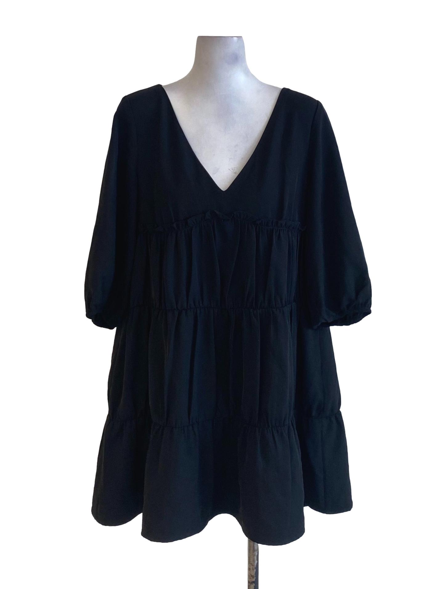 True Black V-Neck Peasant Layered Dress