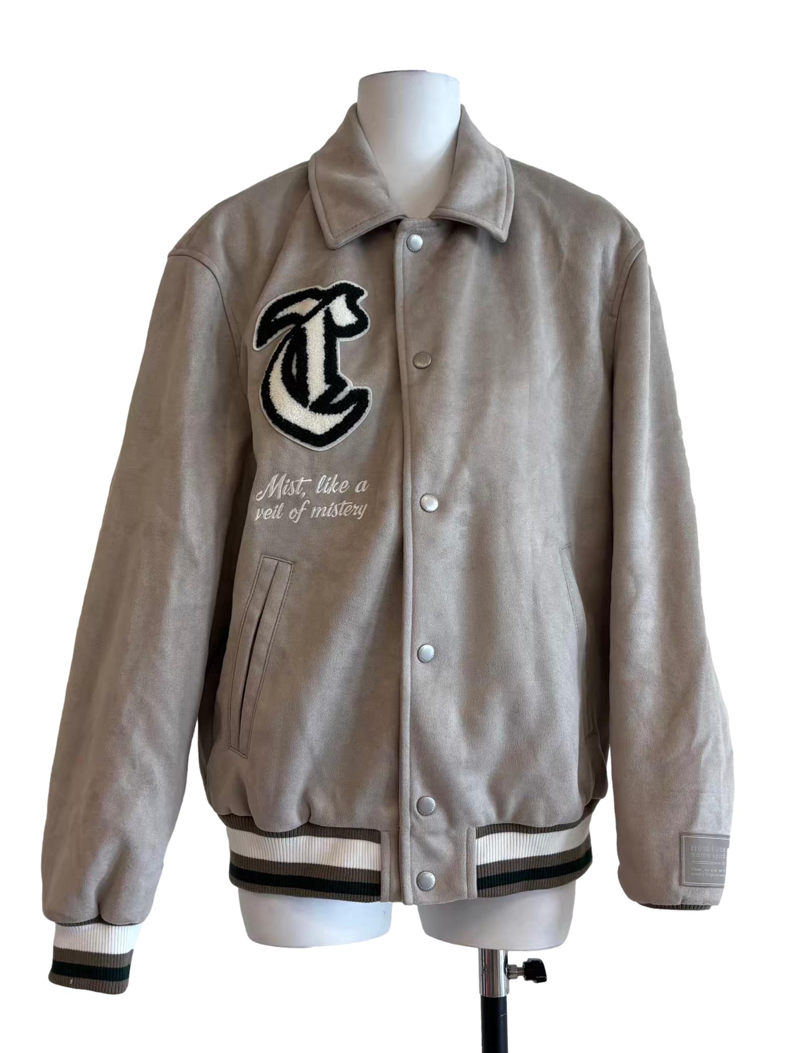 Bone Grey Suede Varsity Jacket
