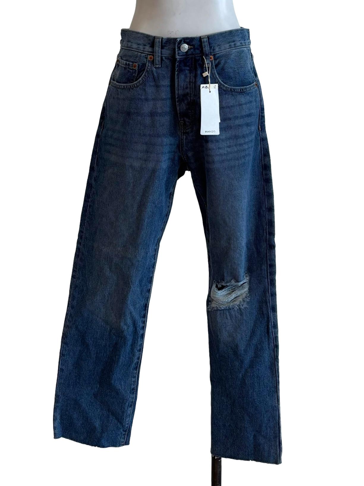 Blue Denim Crop Ripped Button Fly Jeans