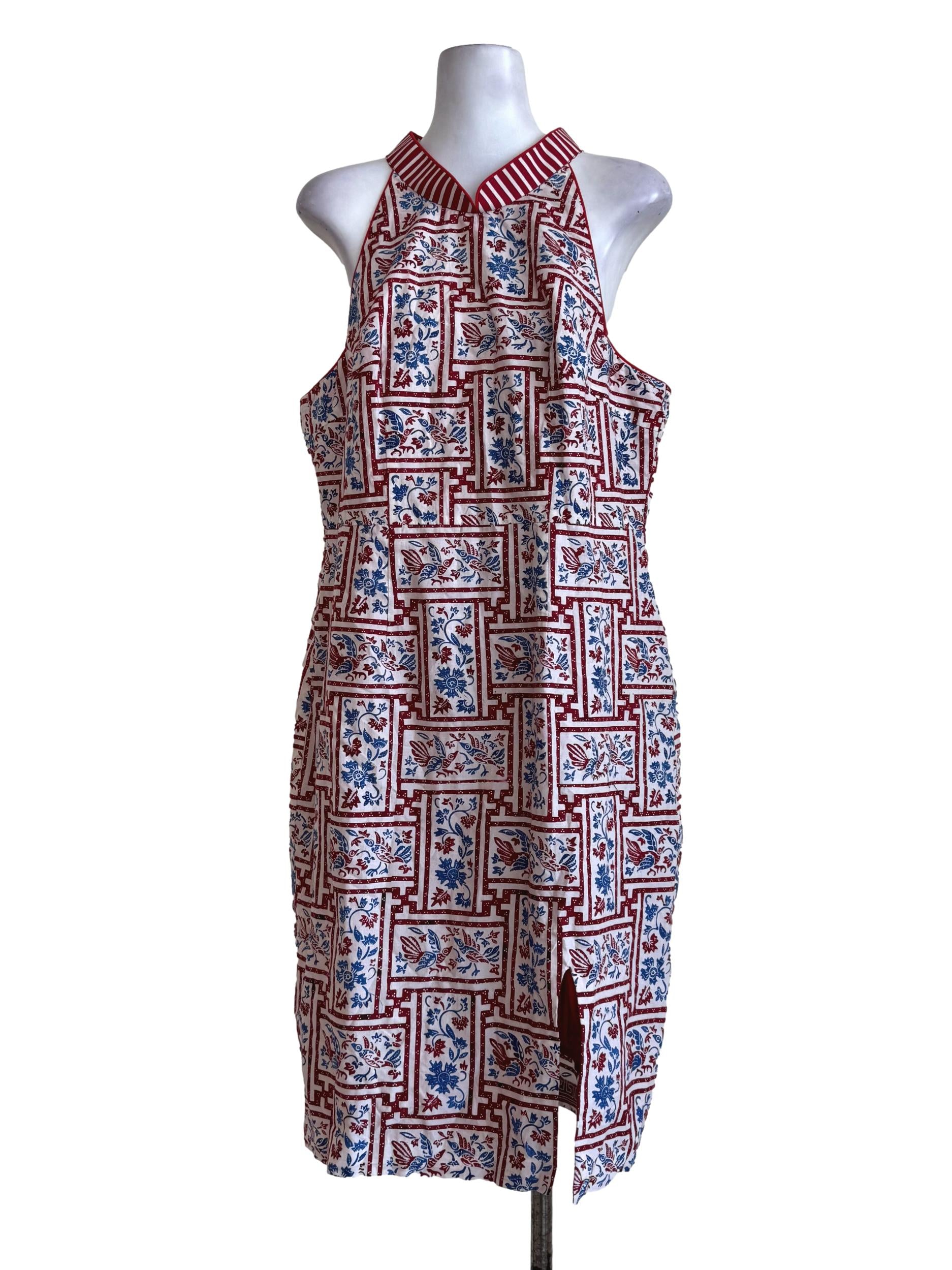 Cherry Red With Blue Batik Motifs Halter Neck Dress