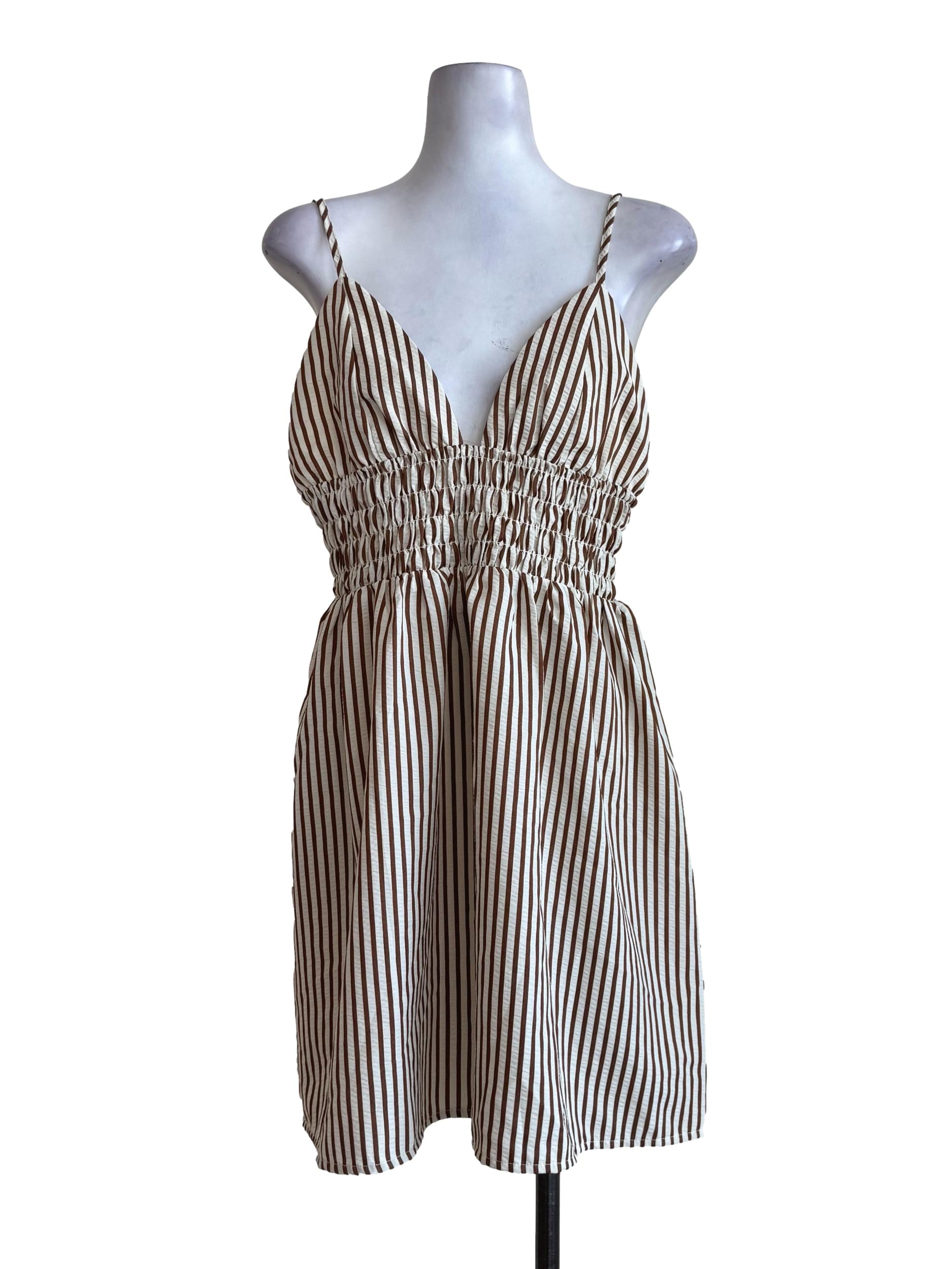 Coffee Stripes V Neck Mini Dress