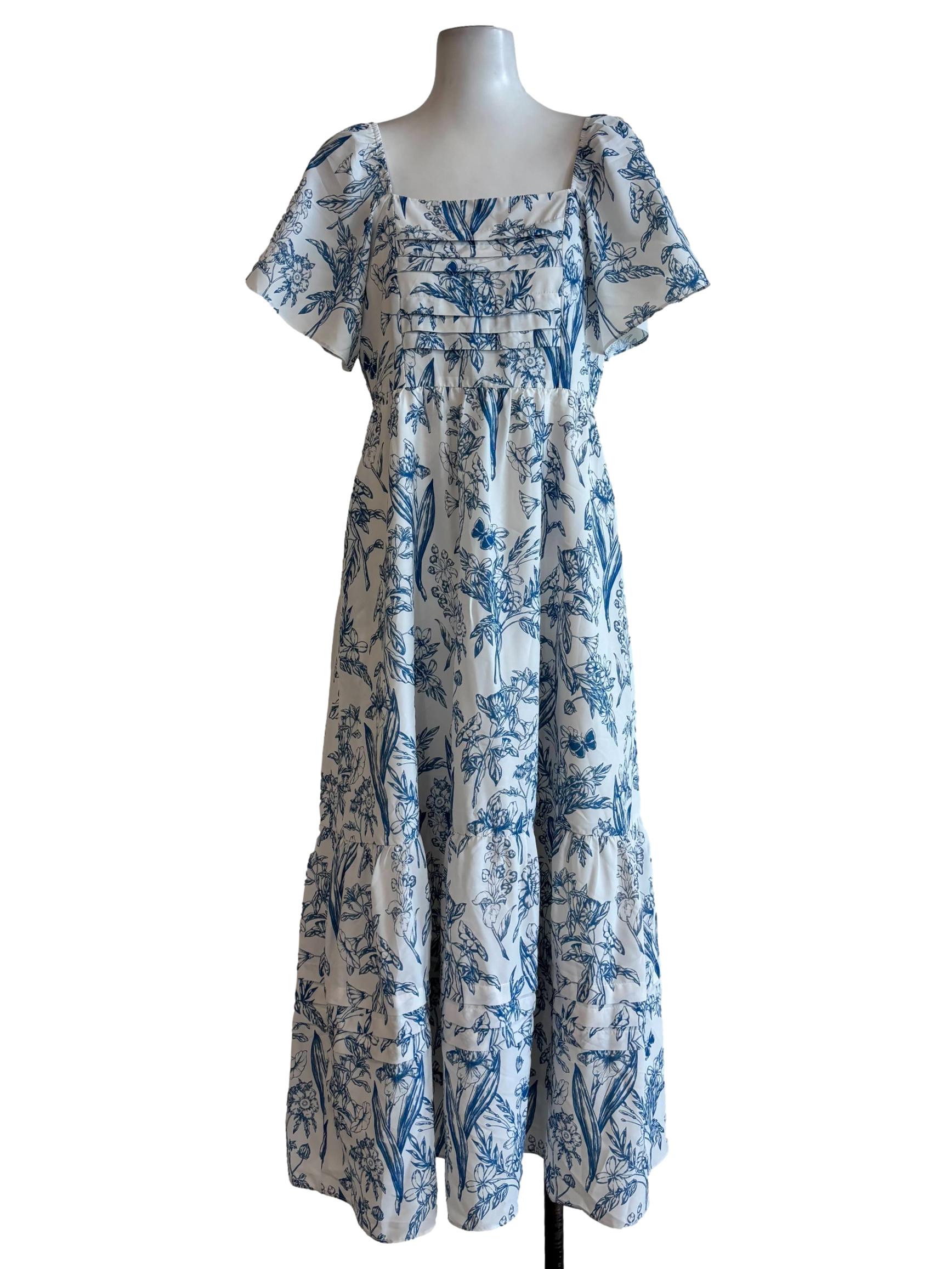 White Celadan Blue Floral Flare Dress