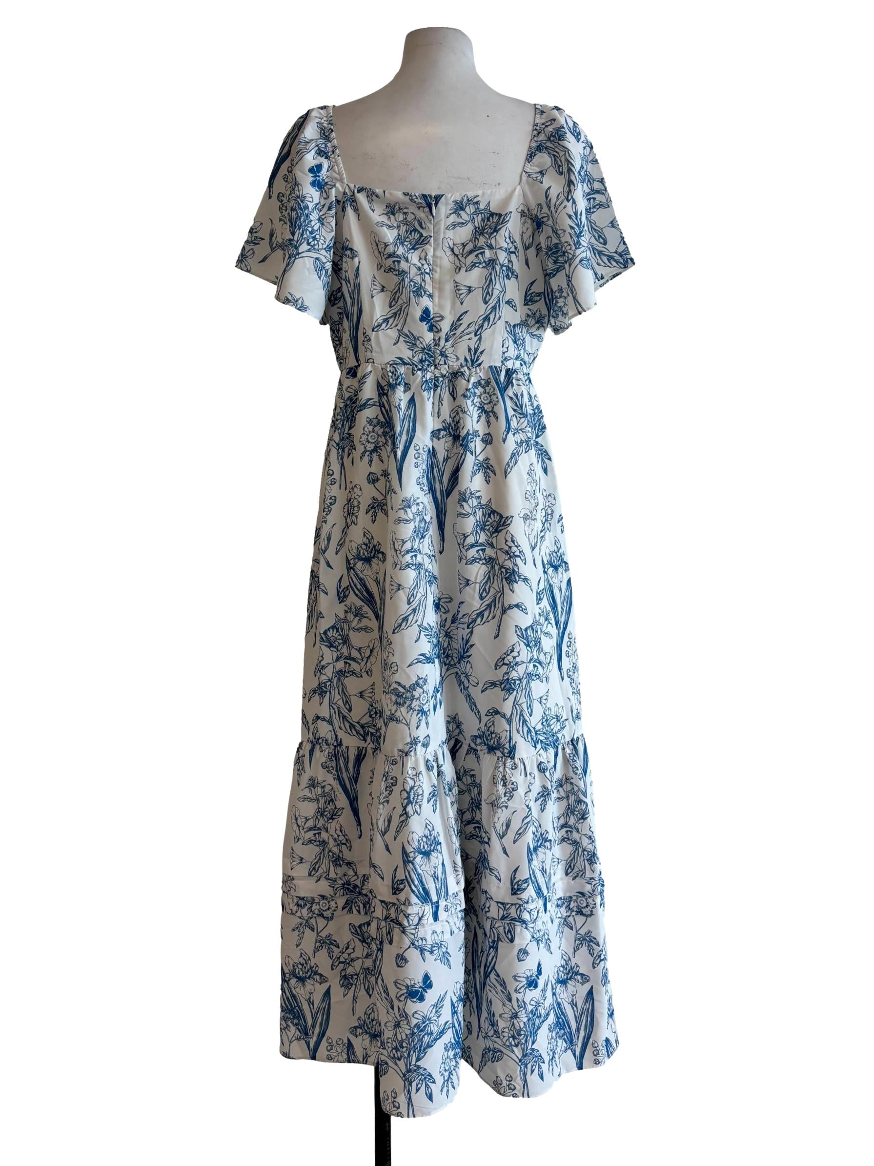 White Celadan Blue Floral Flare Dress