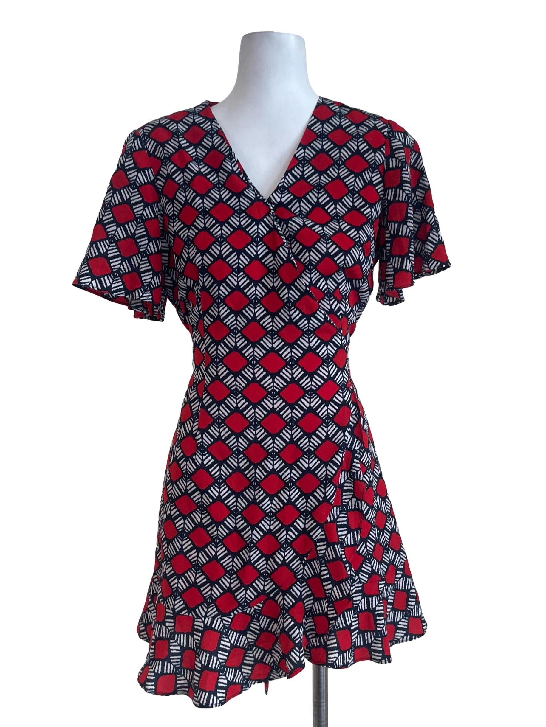 Red Geometric Wrap Dress