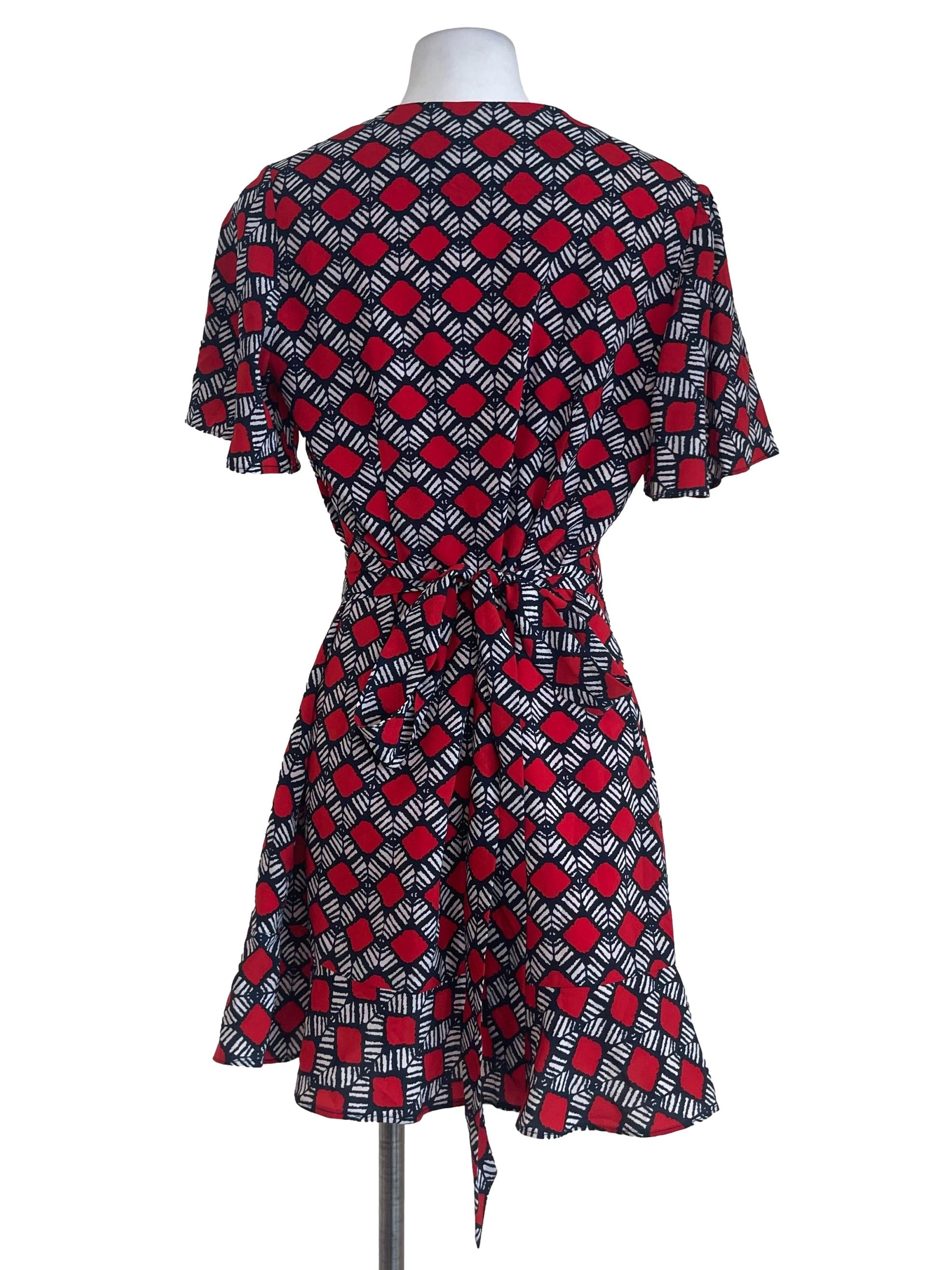 Red Geometric Wrap Dress