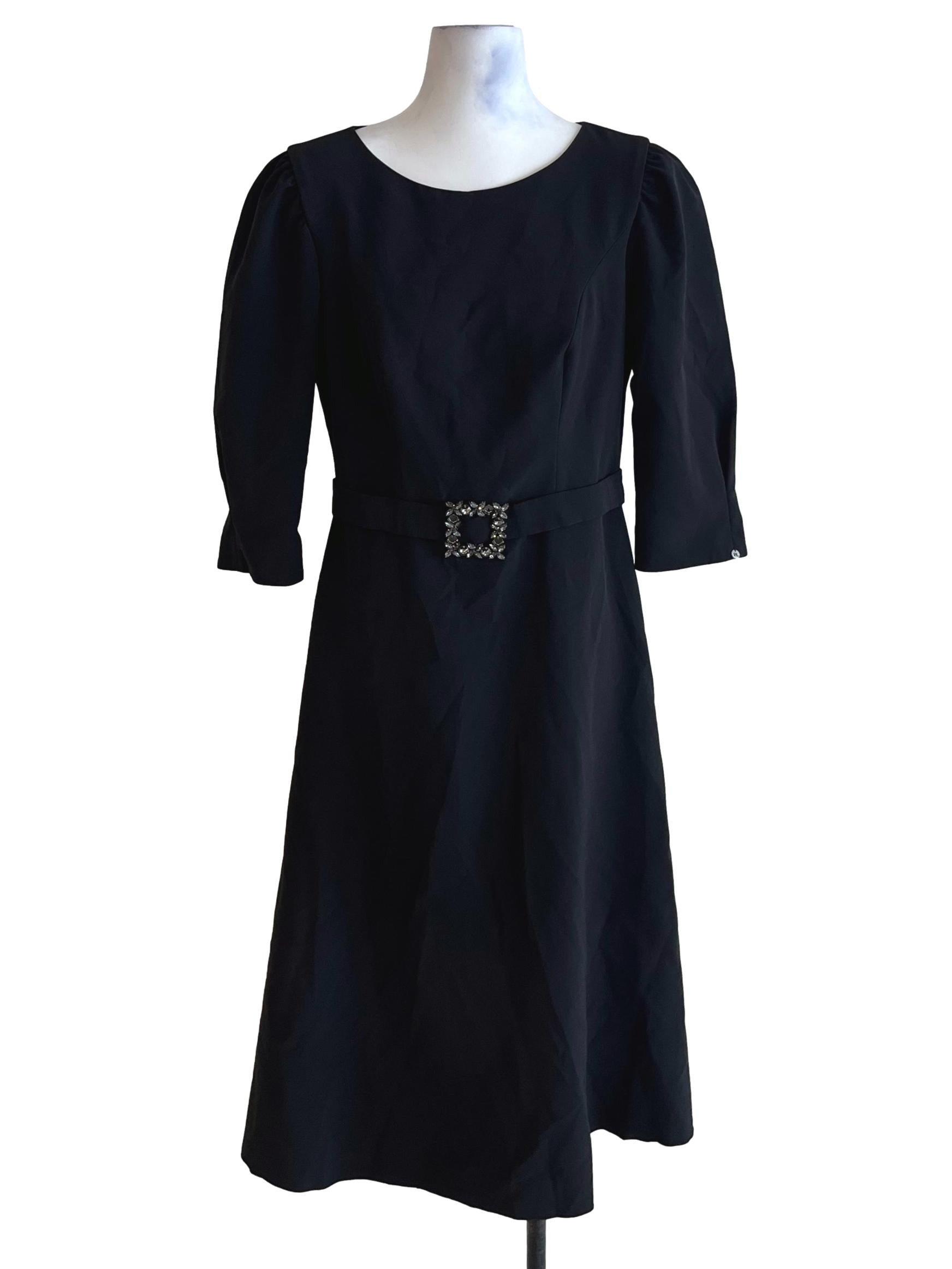 Black Quarter Sleeve Belted Dress
