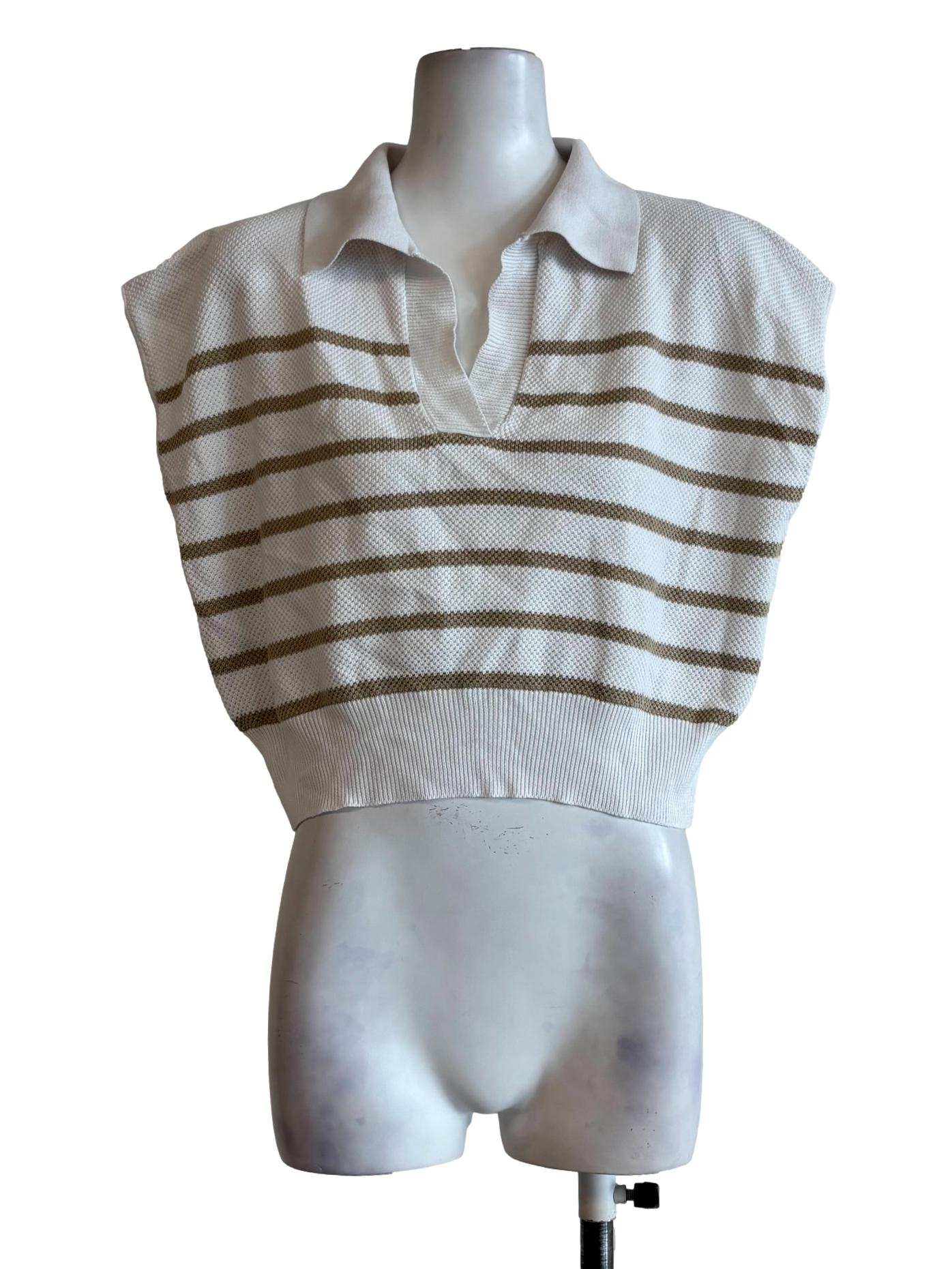 Powder White Tan Stripe Sleeveless Knit Top