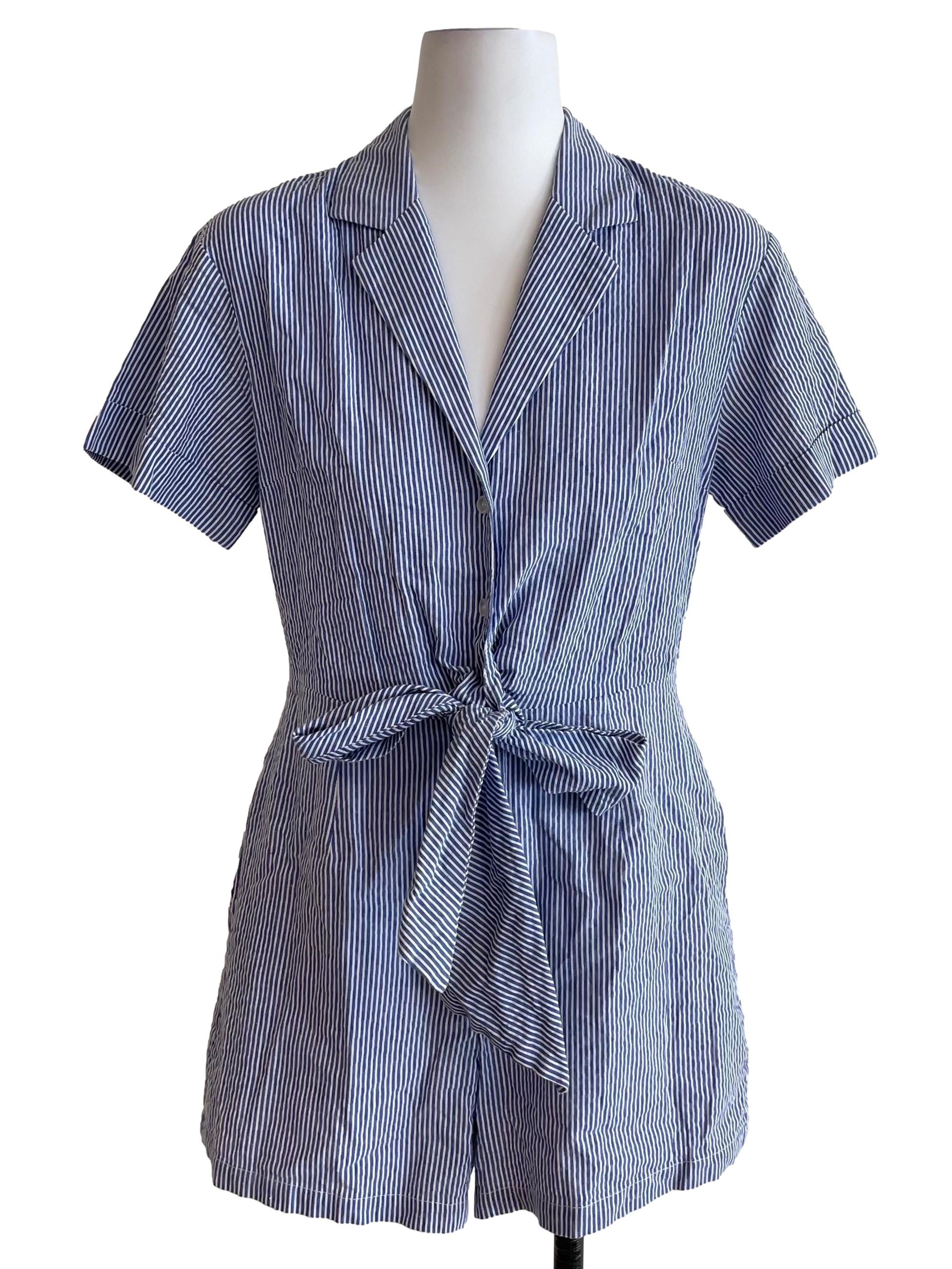 Blue Bengal Stripes Front Knot Shirt Romper