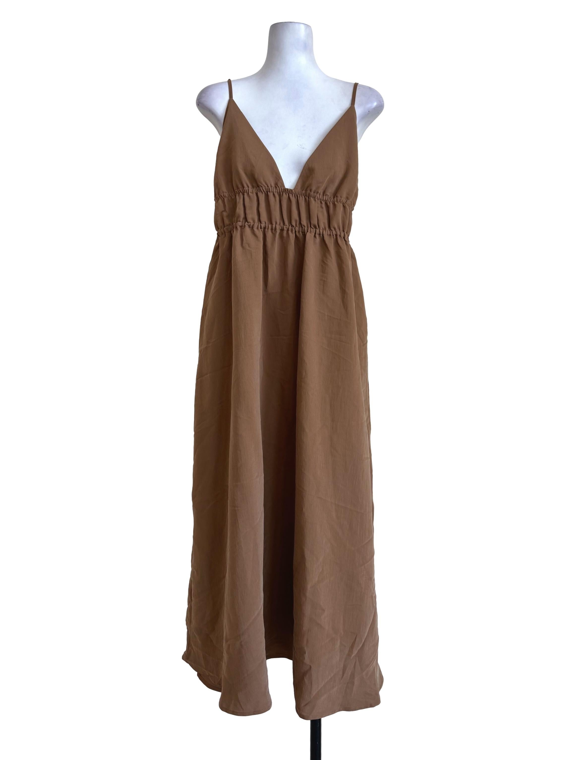 Caramel Brown V Neck Dress
