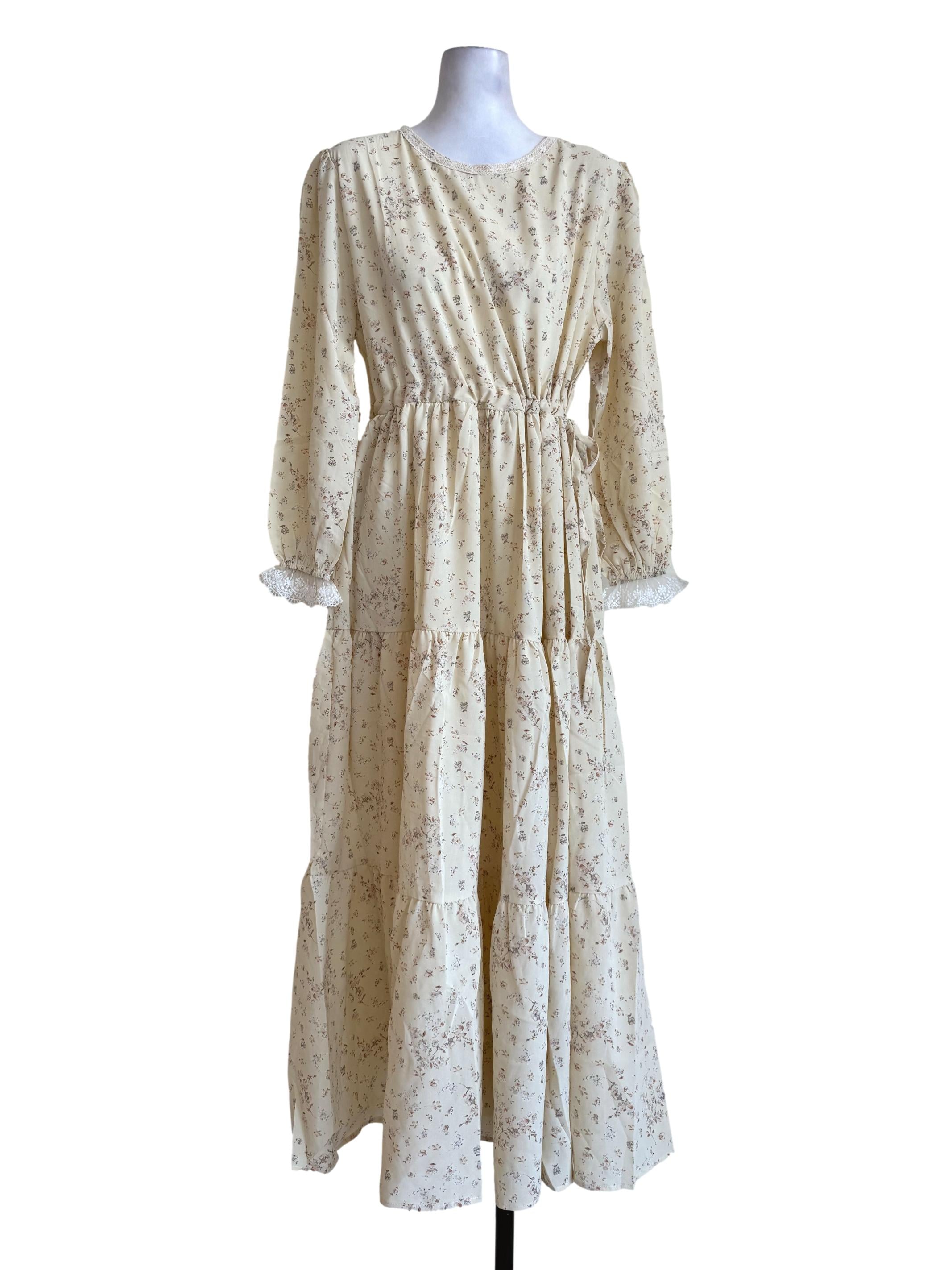 Pale Yellow With Floral Motifs Long Sleeve Dress