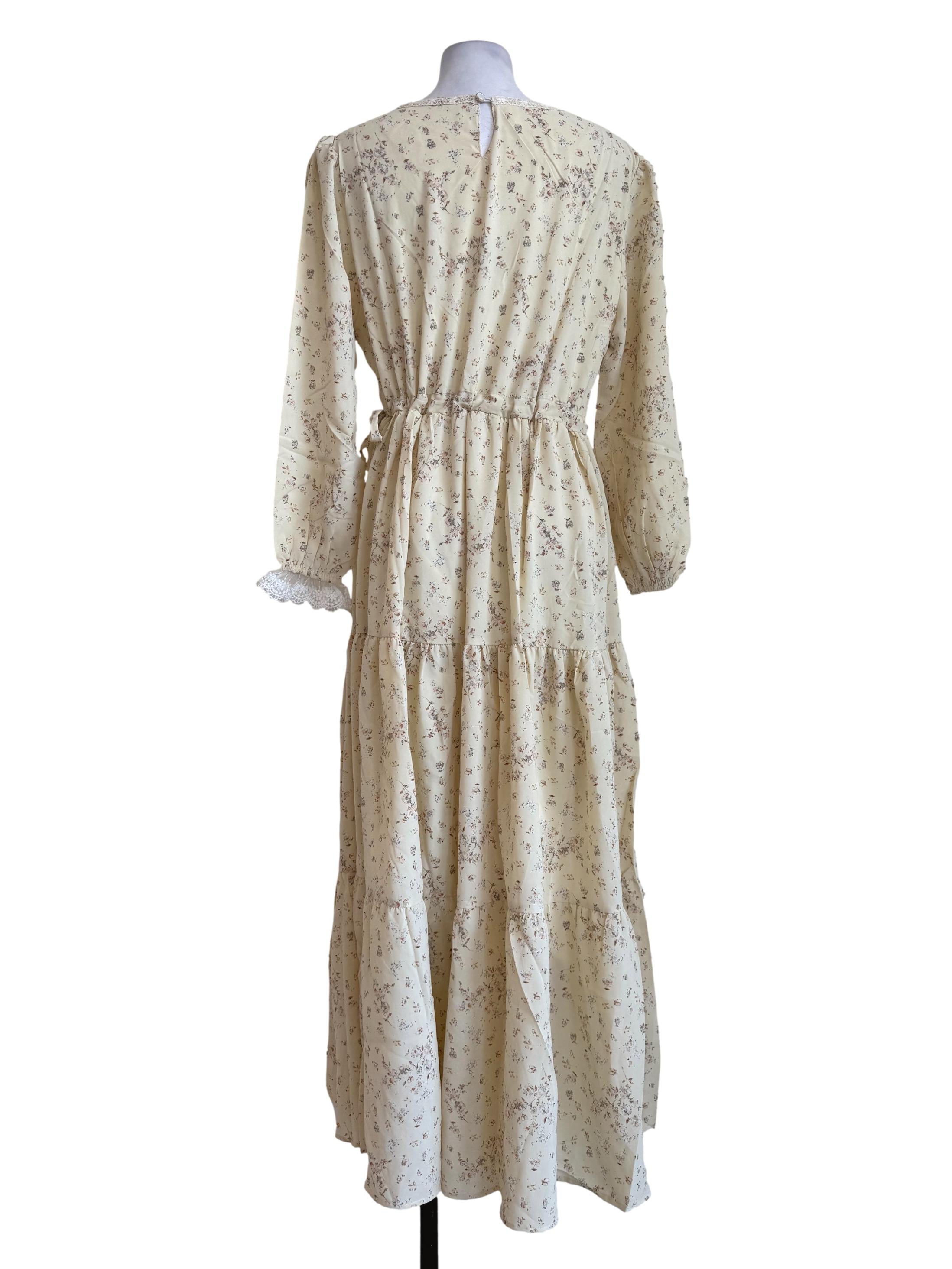 Pale Yellow With Floral Motifs Long Sleeve Dress