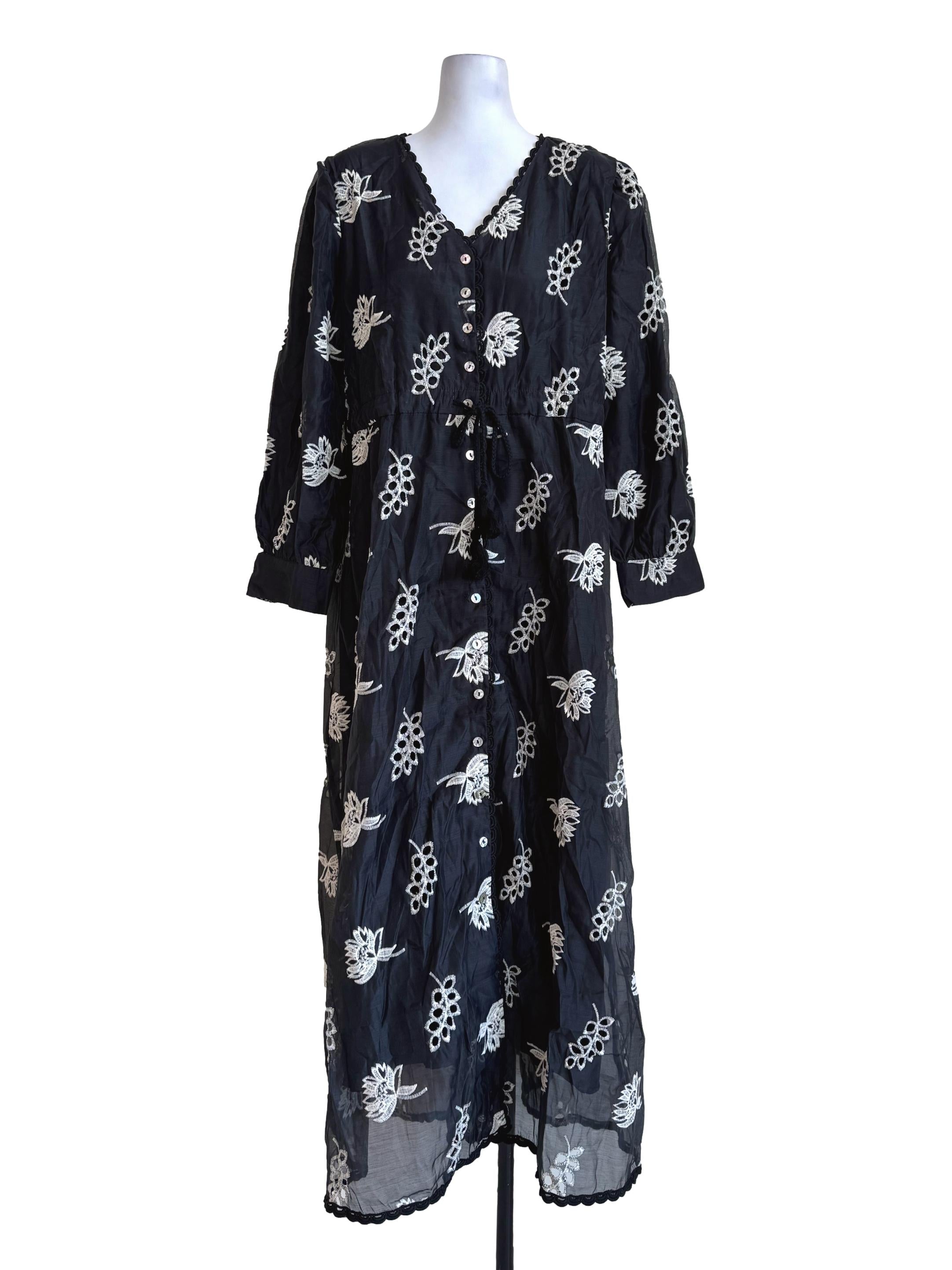 Midnight Black Embroidery Long Sleeve Dress