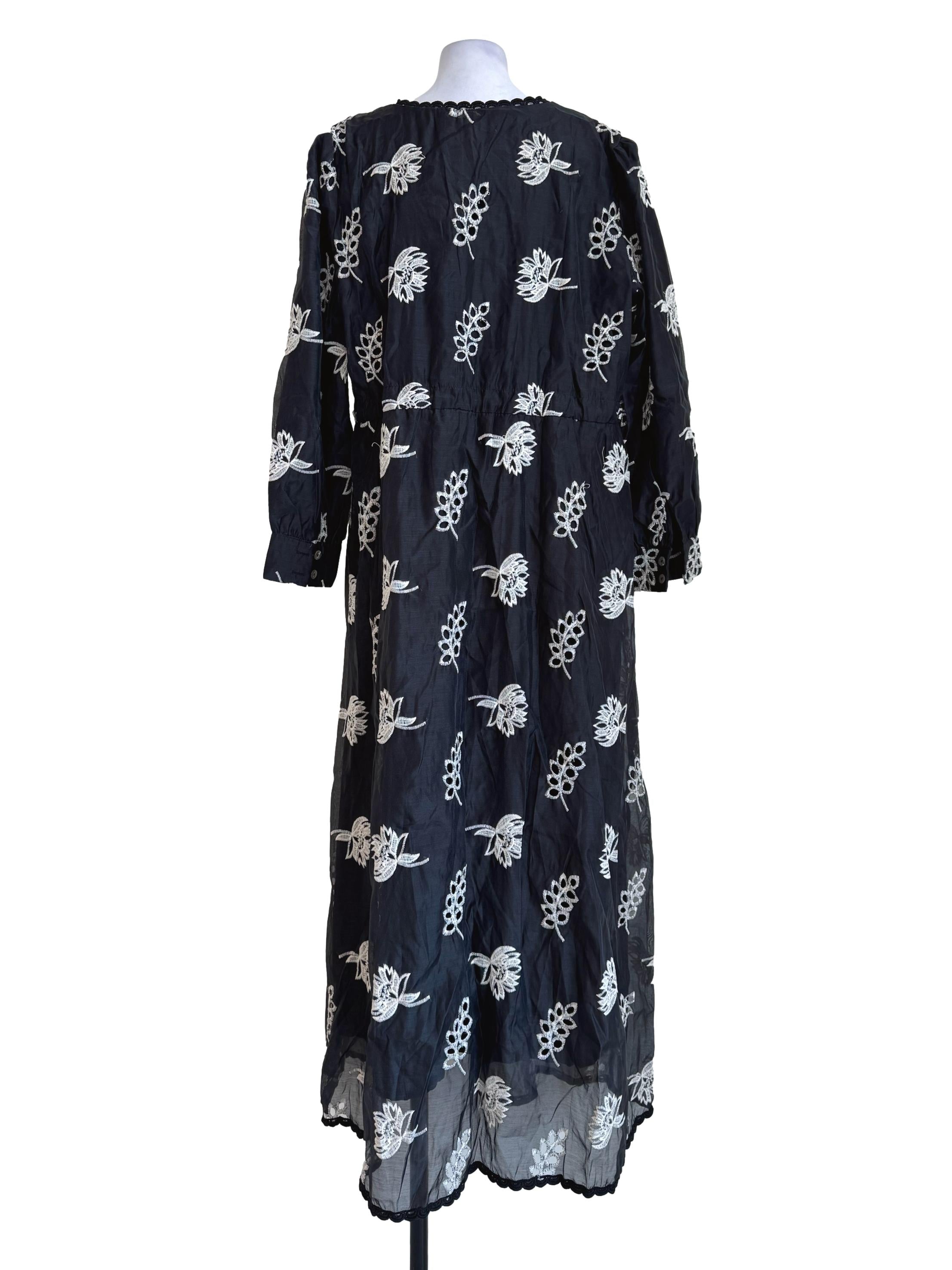 Midnight Black Embroidery Long Sleeve Dress