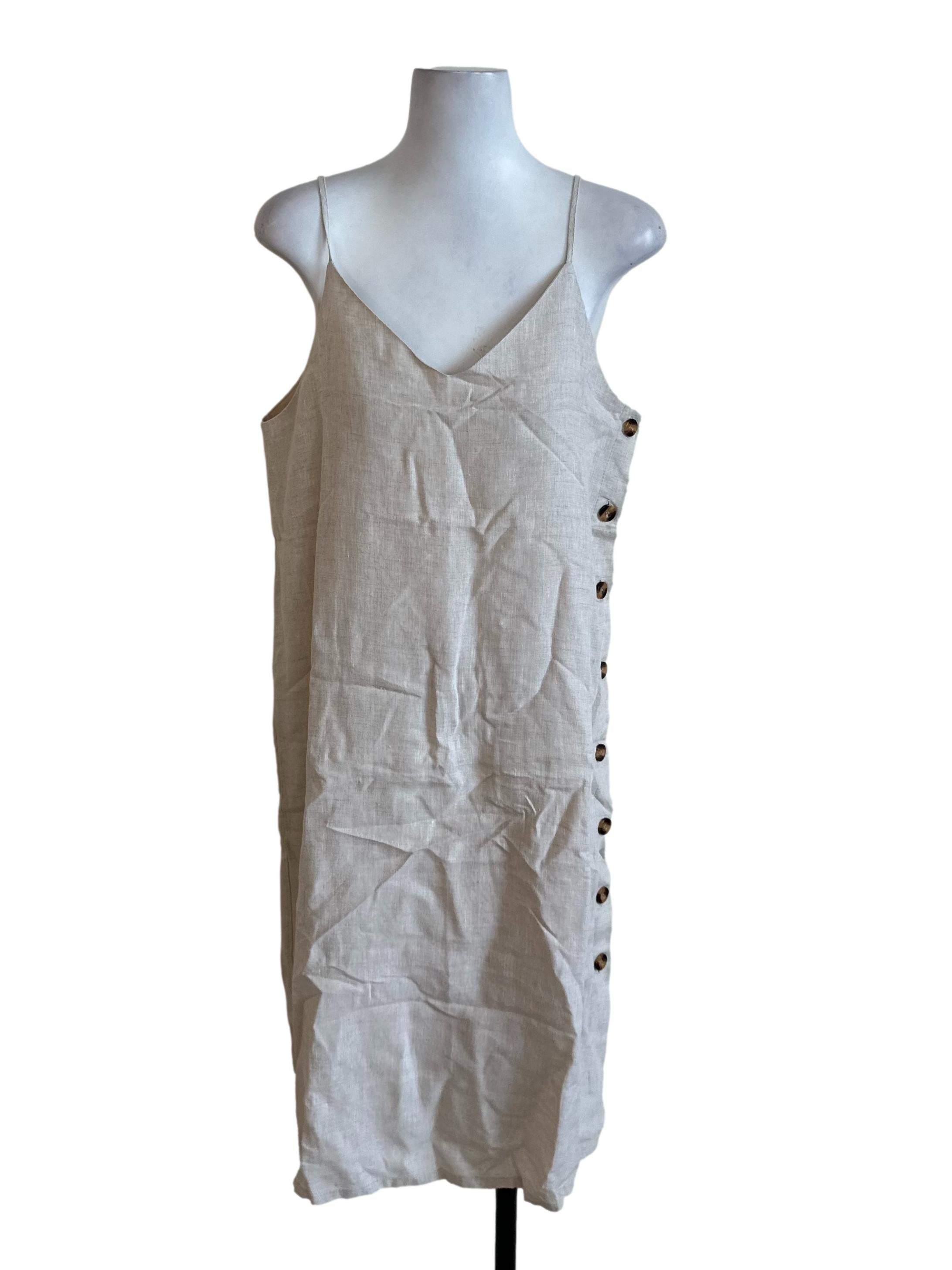 Oat Beige V Neck Button Dress