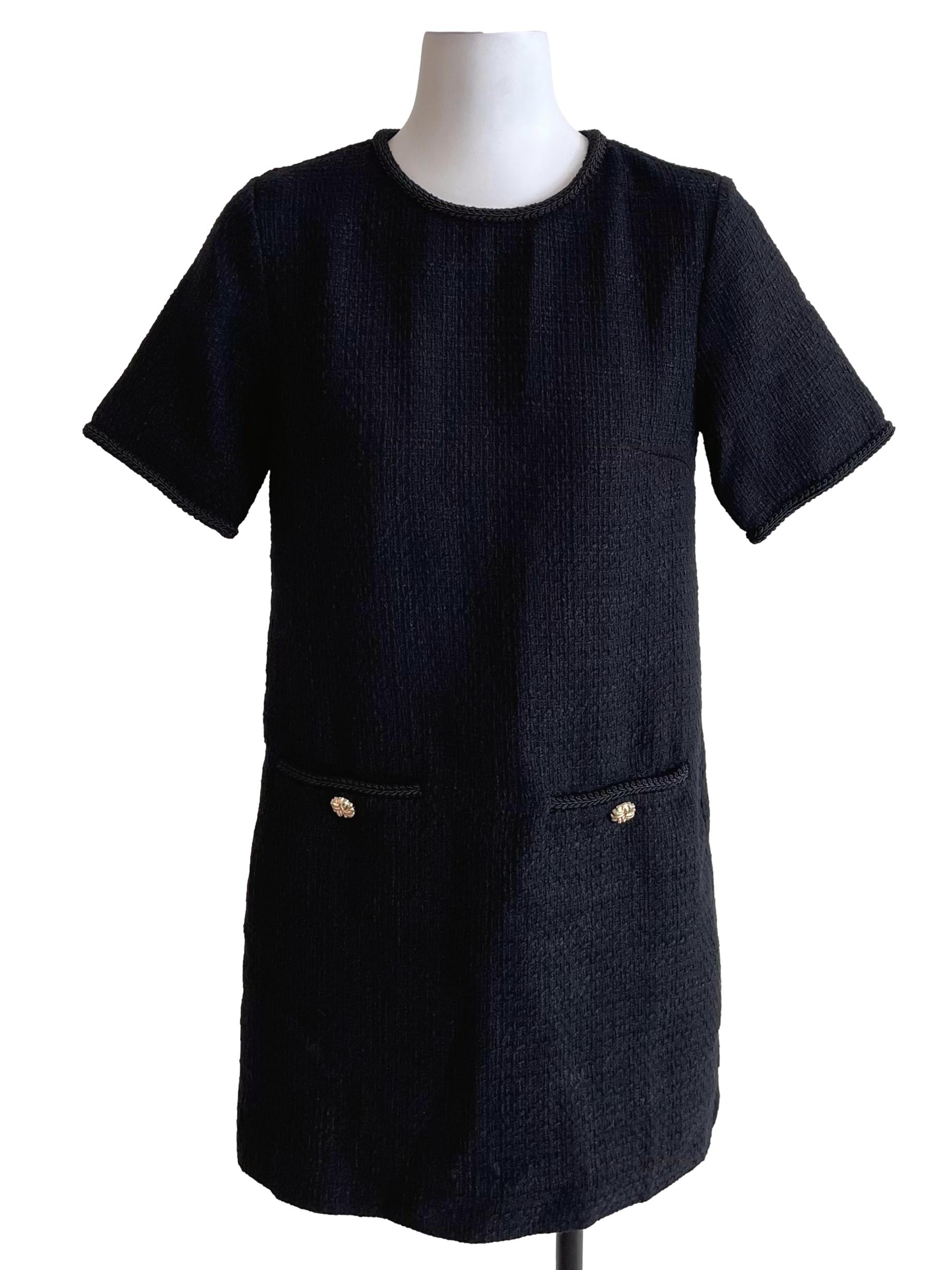 Black Tweed Round Neck Loose Dress