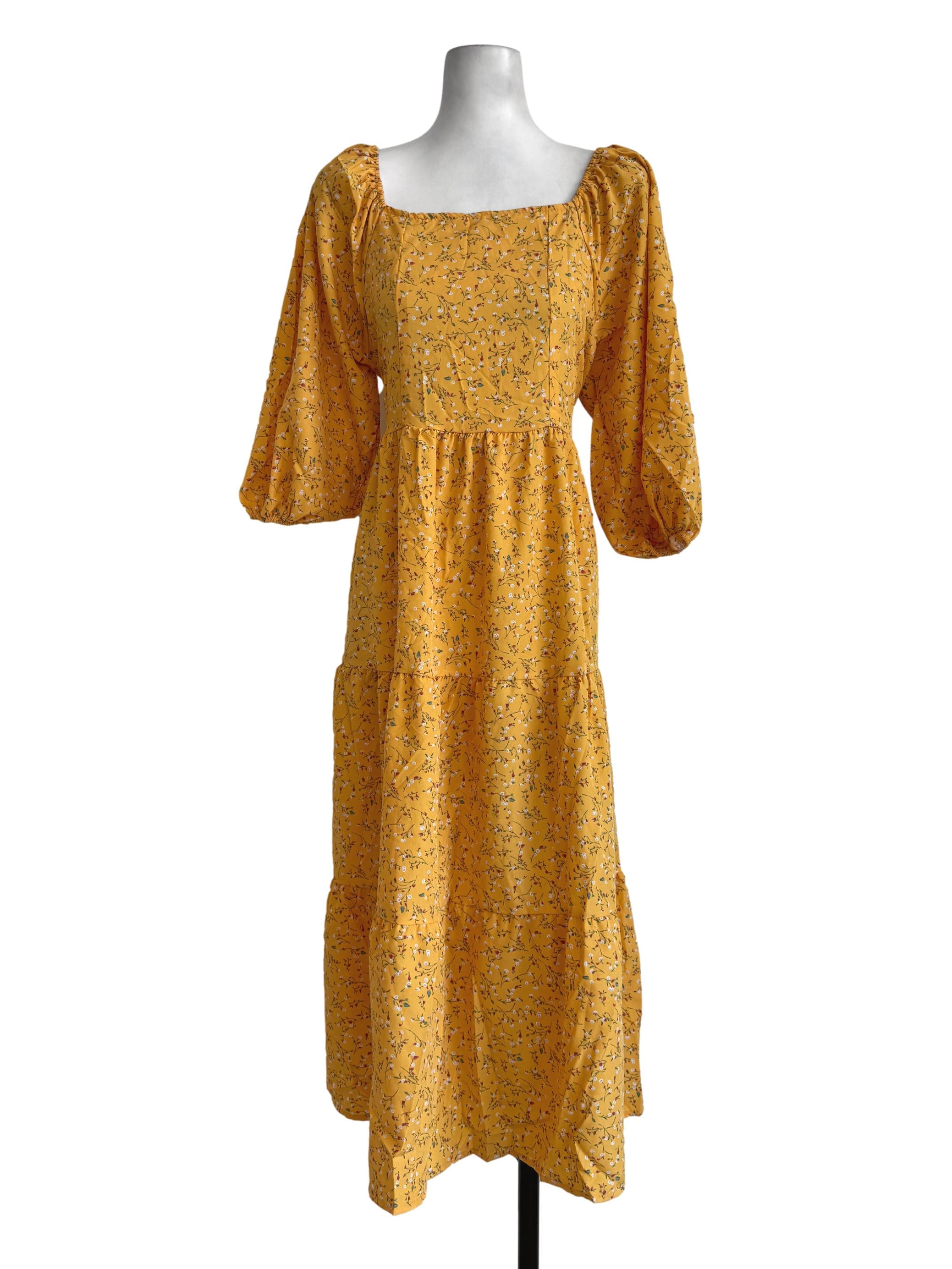 Bright Carnation With Floral Motifs Square Neck Dress