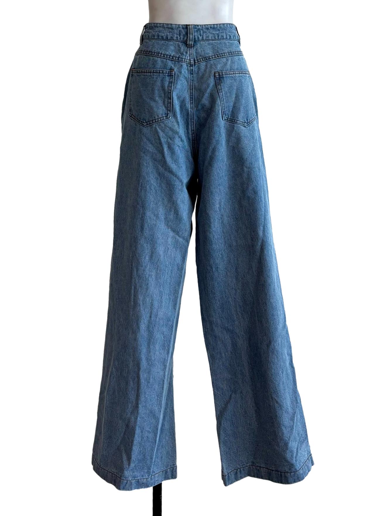 Blue Denim Wide Leg Slit Jeans