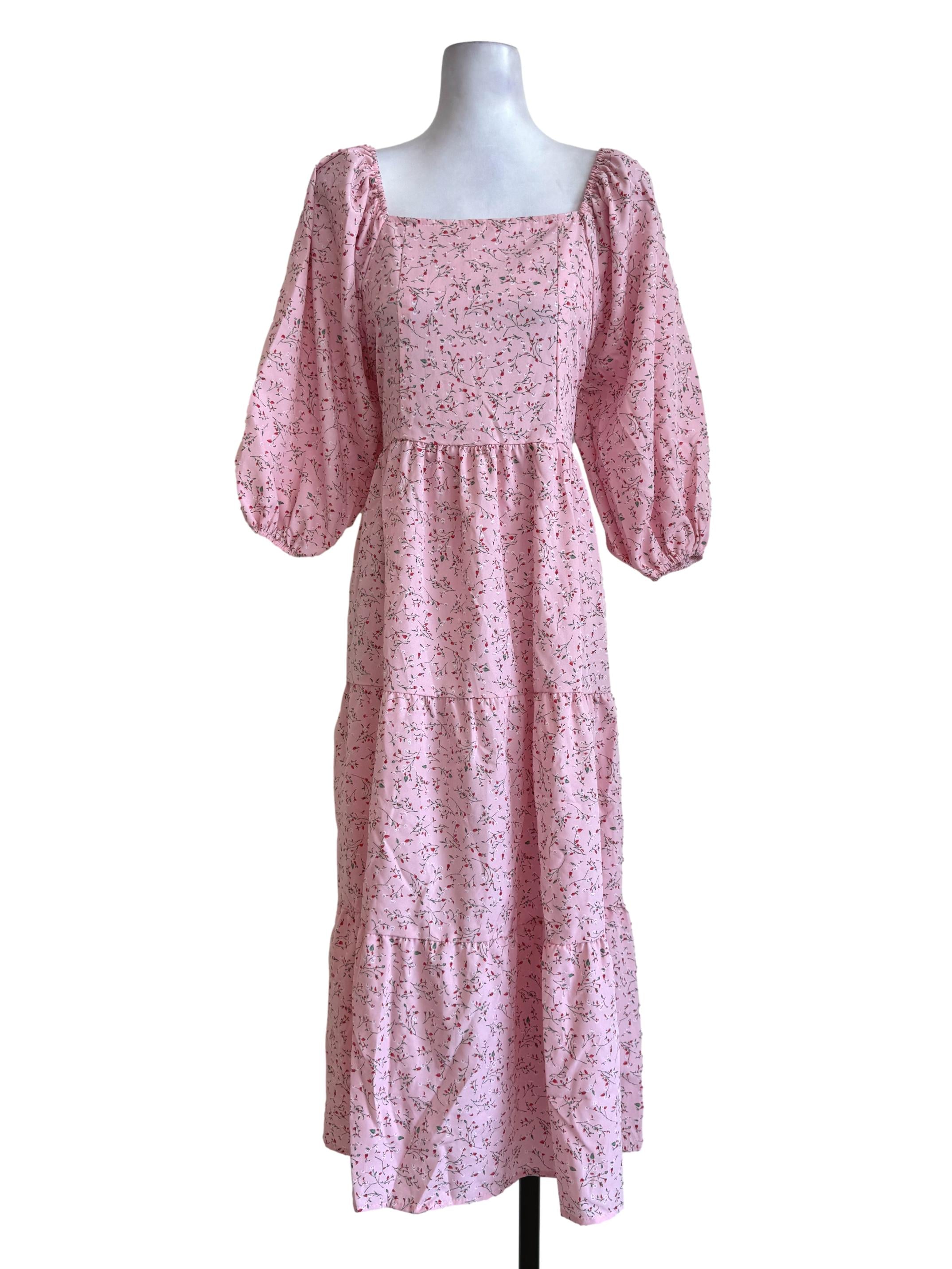 Blush Pink With Floral Motif Square Neck Dress