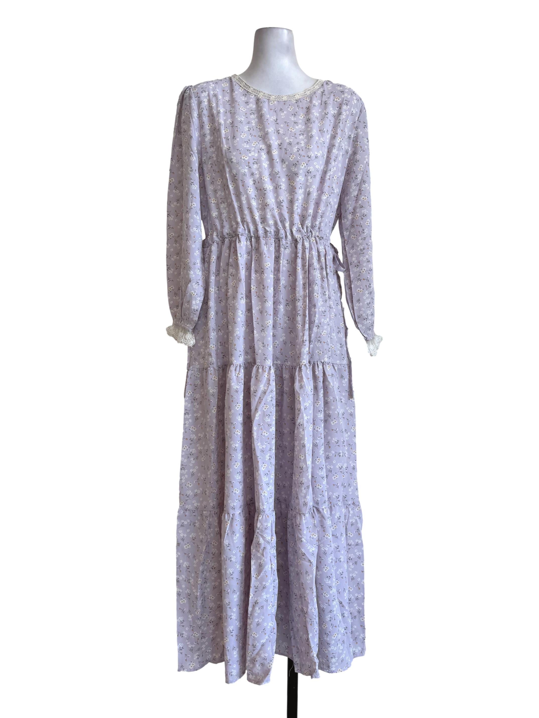 Pale Yam Purple With Floral Motif Long Sleeve Dress