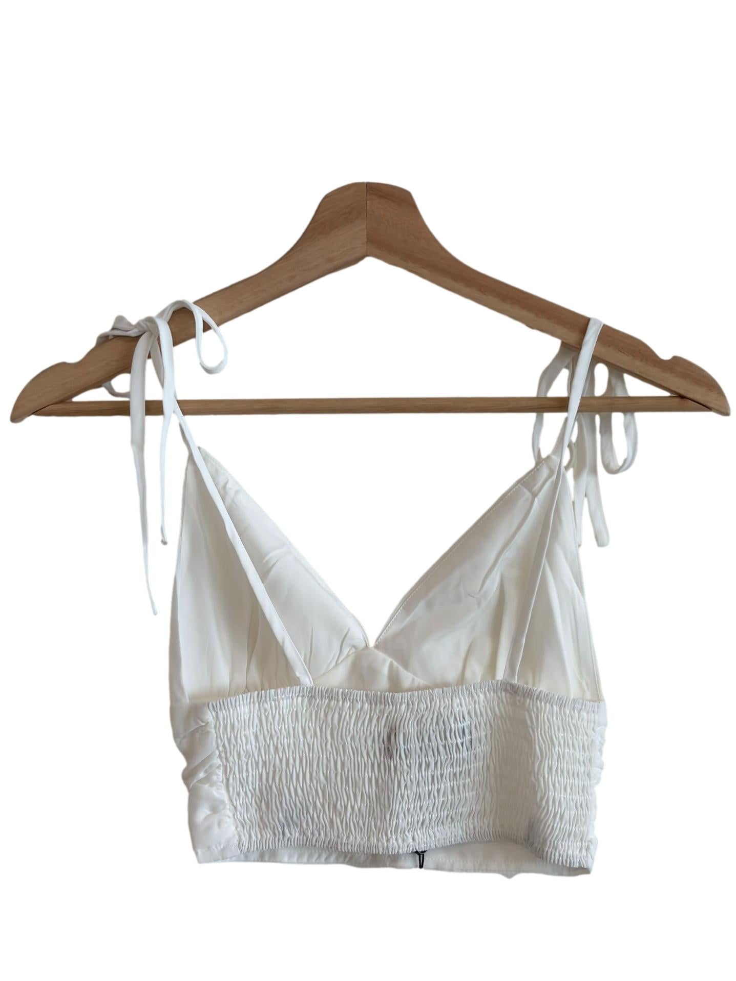 Pure White Deep V Tie Strap Crop Top