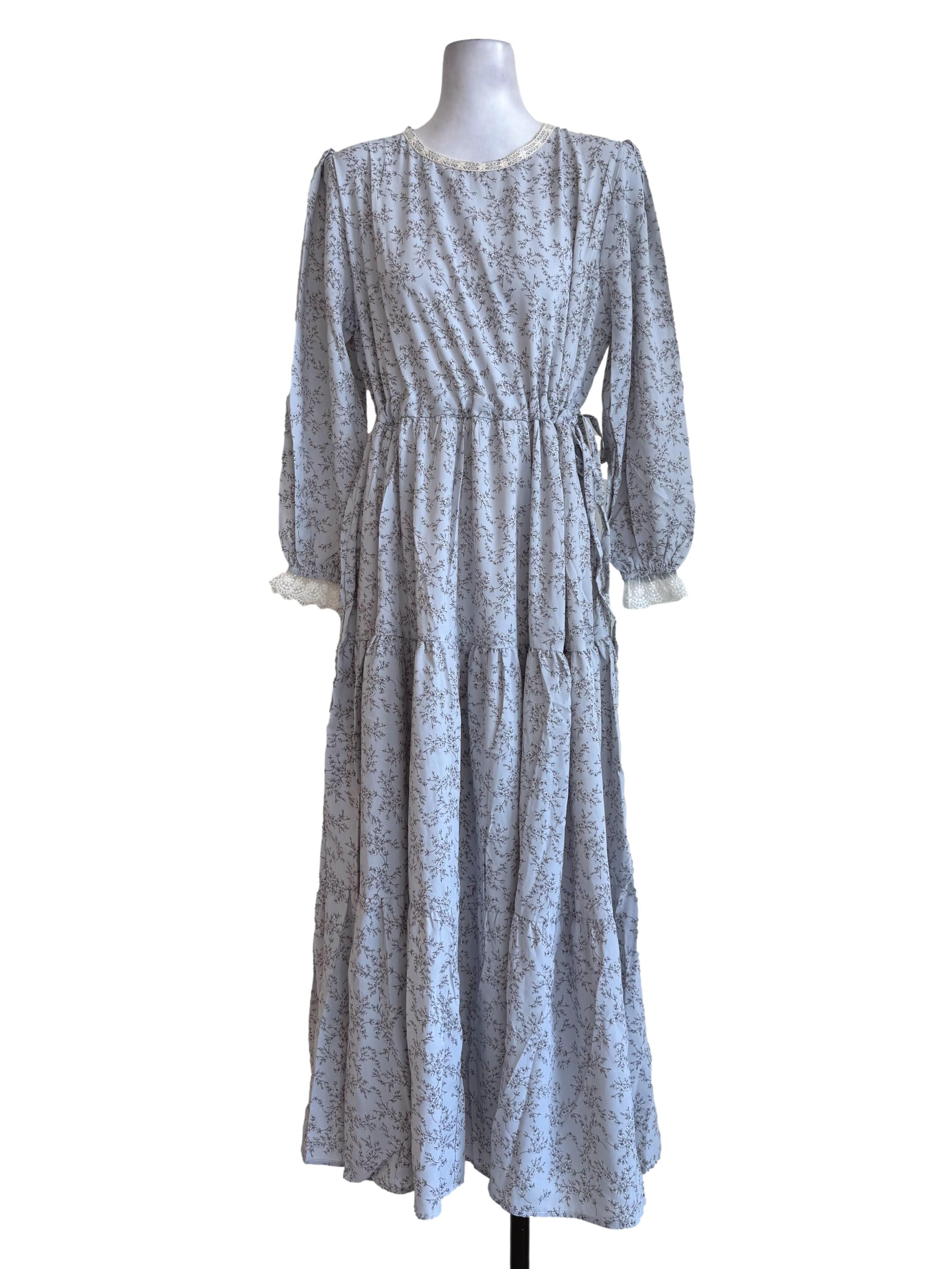 Pale Grey With Floral Motif Long Sleeve Dress