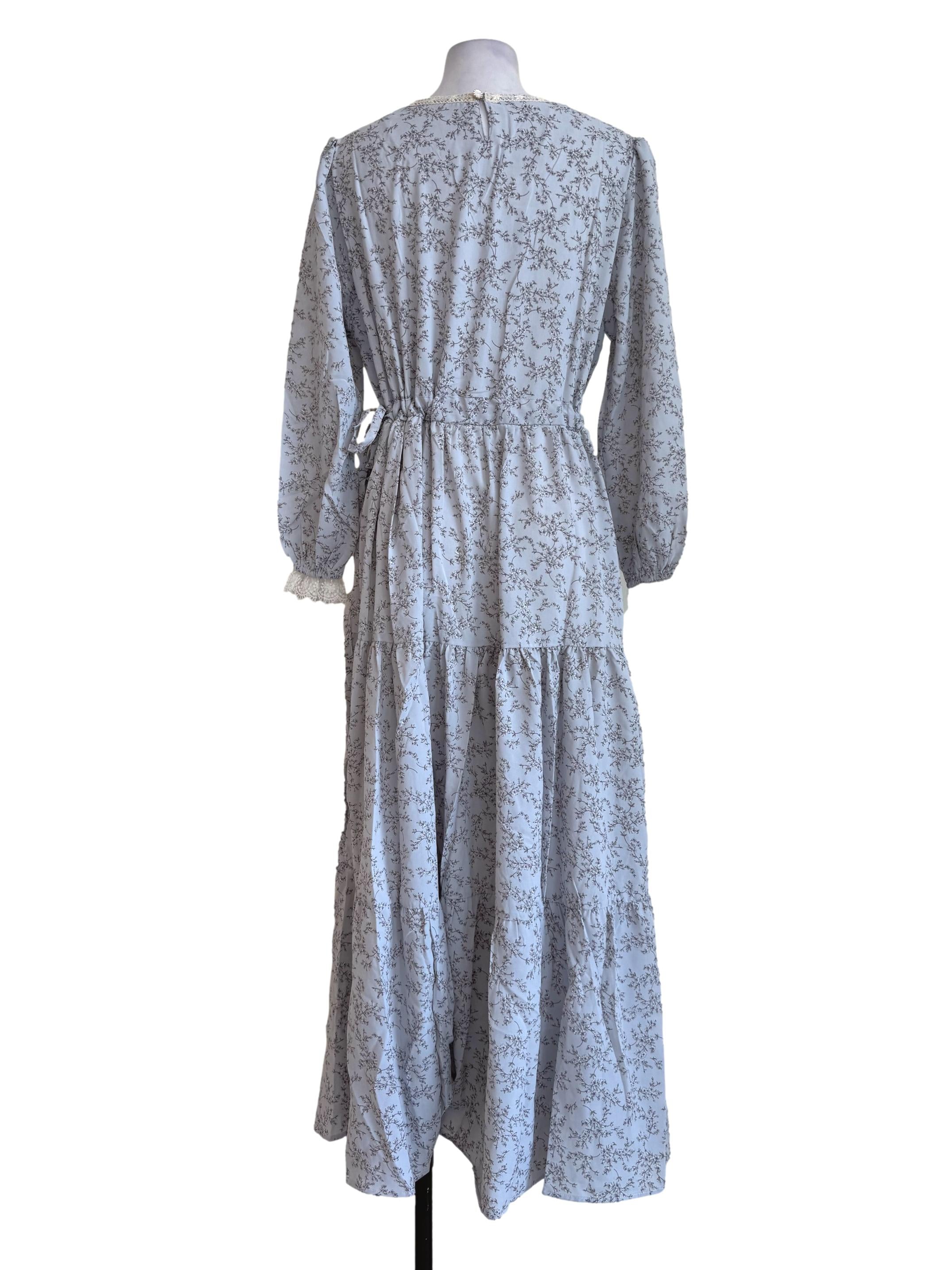 Pale Grey With Floral Motif Long Sleeve Dress