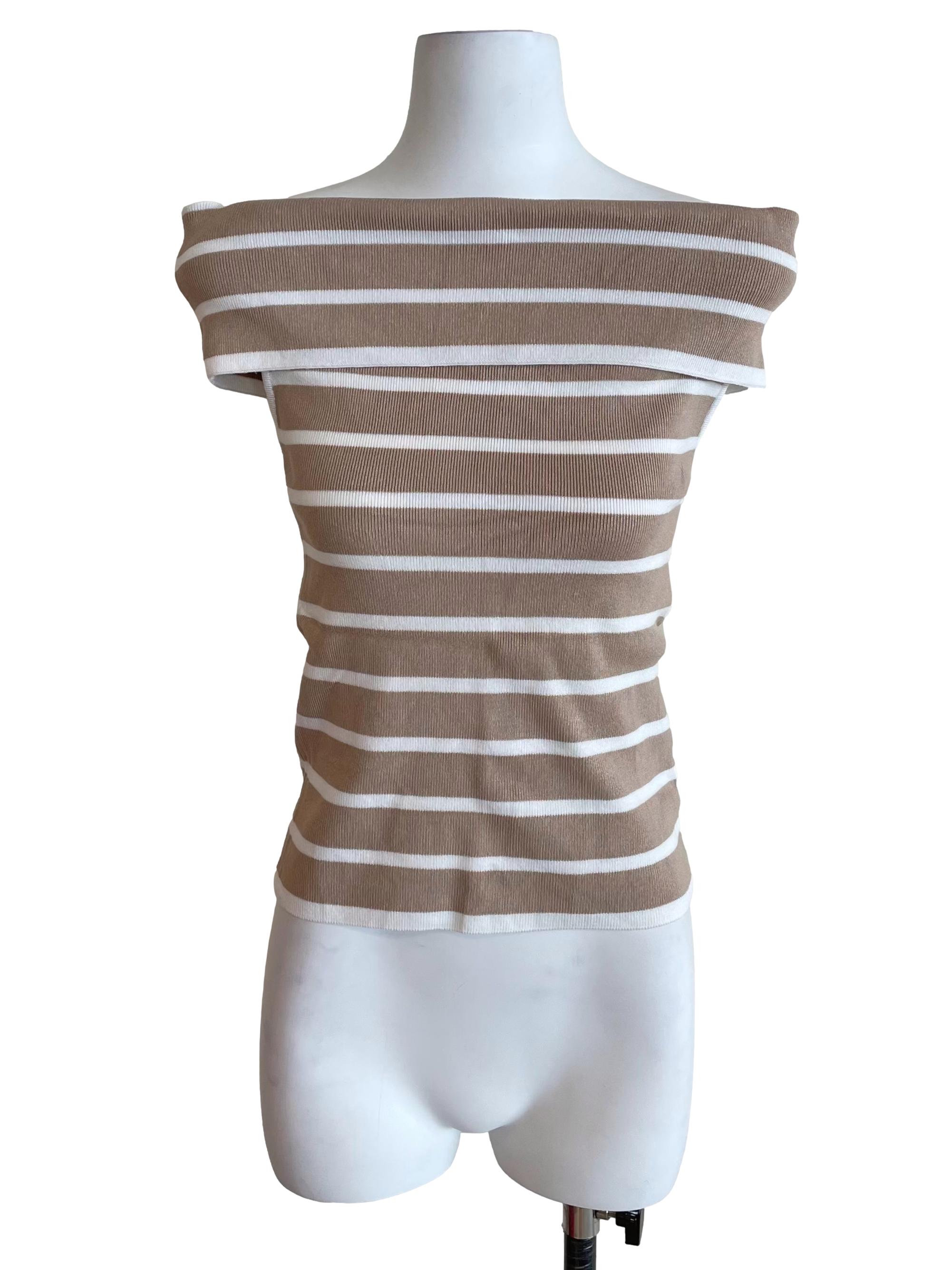 Sepia Beige Stripes Off Shoulder Knit Top